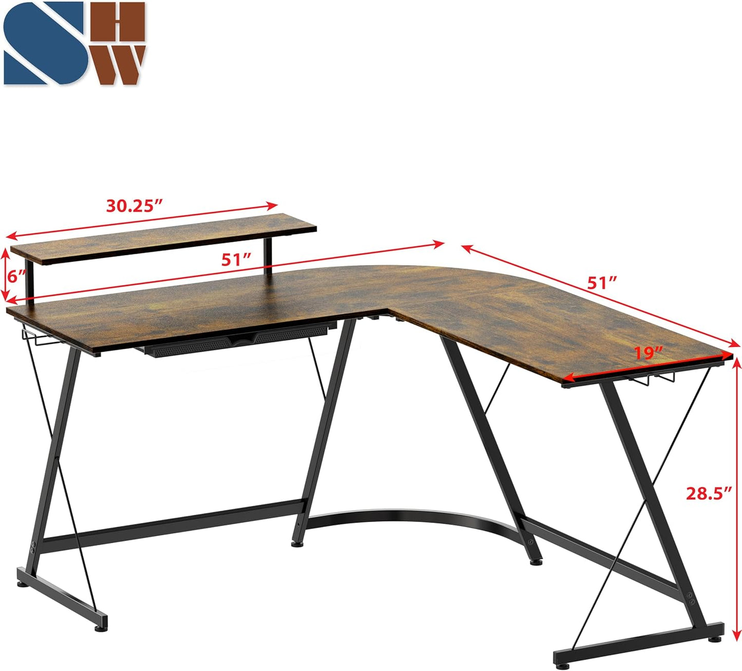SHW 51 x 51 Inches Vista L-Shaped Desk with Monitor Stand and Drawer, Rustic Brown
