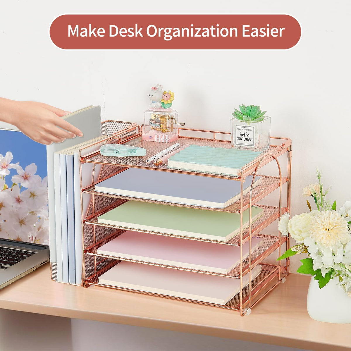 AUPSEN Rose Gold Desk Organizers and Accessories, 5-Tier Desktop Paper File Organizer with Removable File Holder, Desk Accessories & Workspace Organization for Home Office Supplies (Rose Gold)