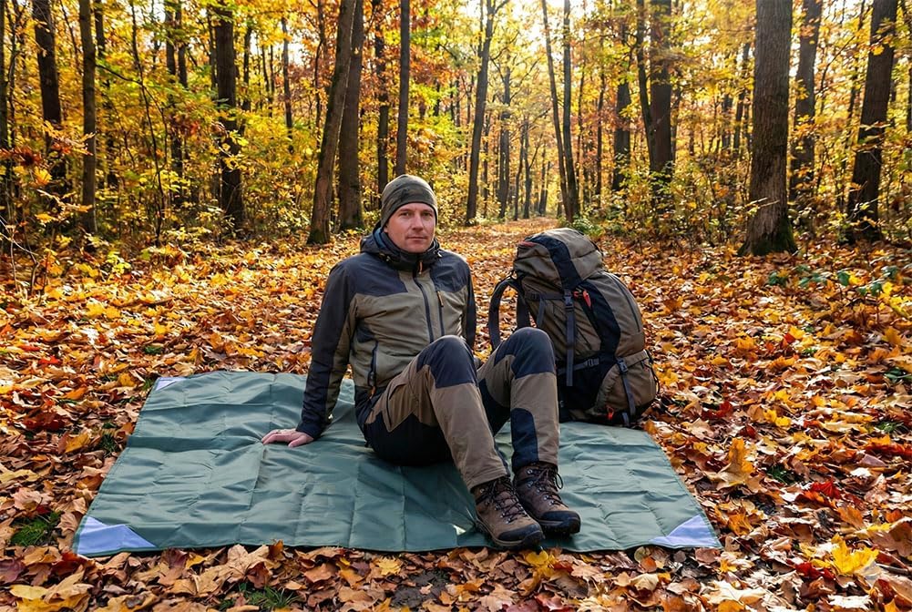 Orga'Neat Pocket Picnic Blanket, Beach Mat Waterproof Sandproof, Compact Lightweight Small Tarp for Camping, Hiking, Backpacking, Festival, Travel, Foldable in Bags (Army Green/Grey, 55"x60")