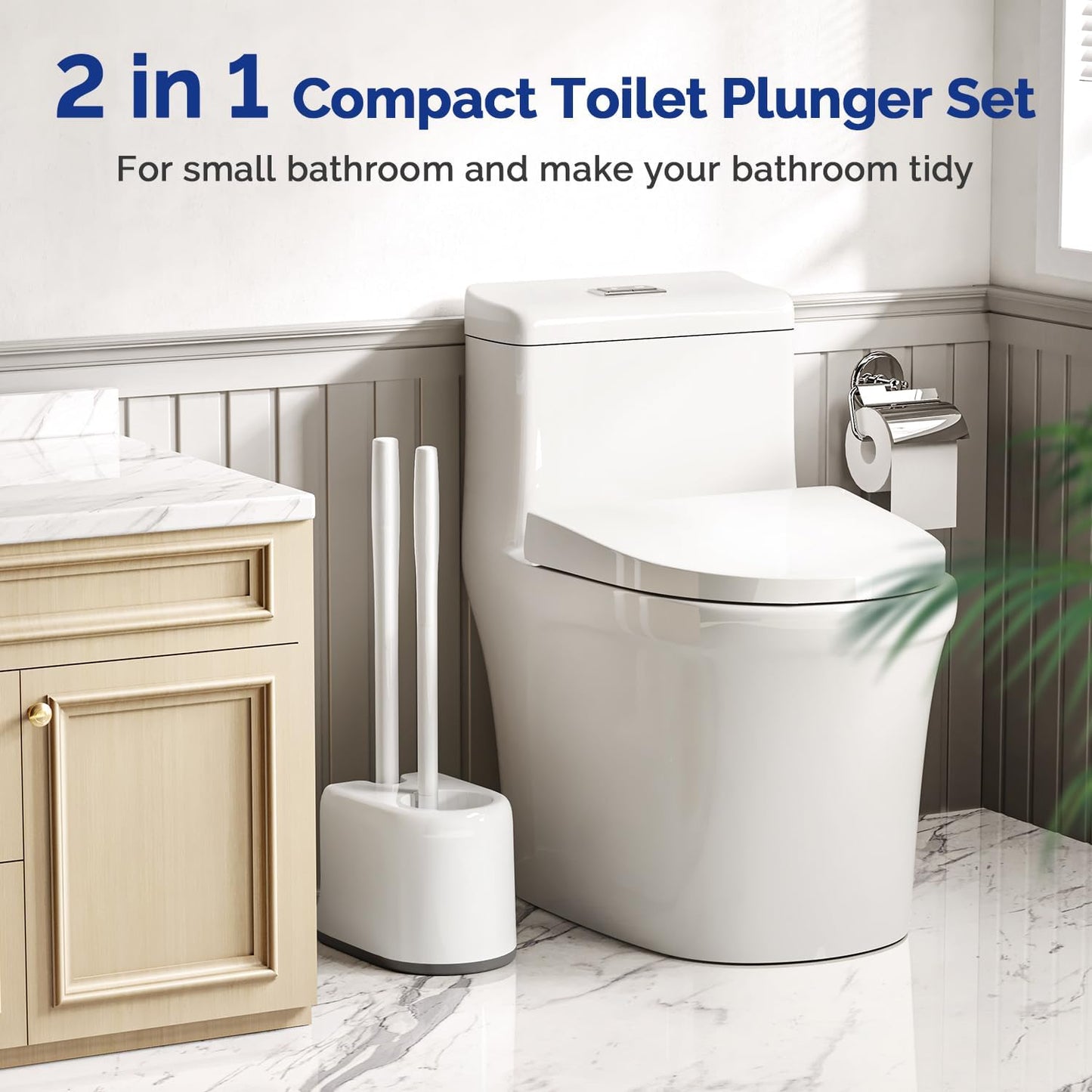 HAMITOR Toilet Plunger Bowl Brush Combo：Heavy Duty Rubber for Drain Clog Remover - Curved Design Bristles for Deep Cleaning Under Rim - Compact Bathroom Cleaning Tools for New Homet Essentials - White