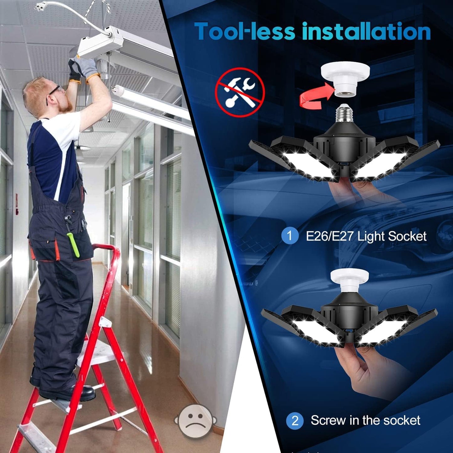 TANBABY 2 Pack LED Garage Lights, 150W Deformable Garage Light Bulb, Total 30000LM 6500K Daylight, 6+1 Adjustable Panels, E26/E27 Screw-in Ceiling Light for Basement, Gift for Men