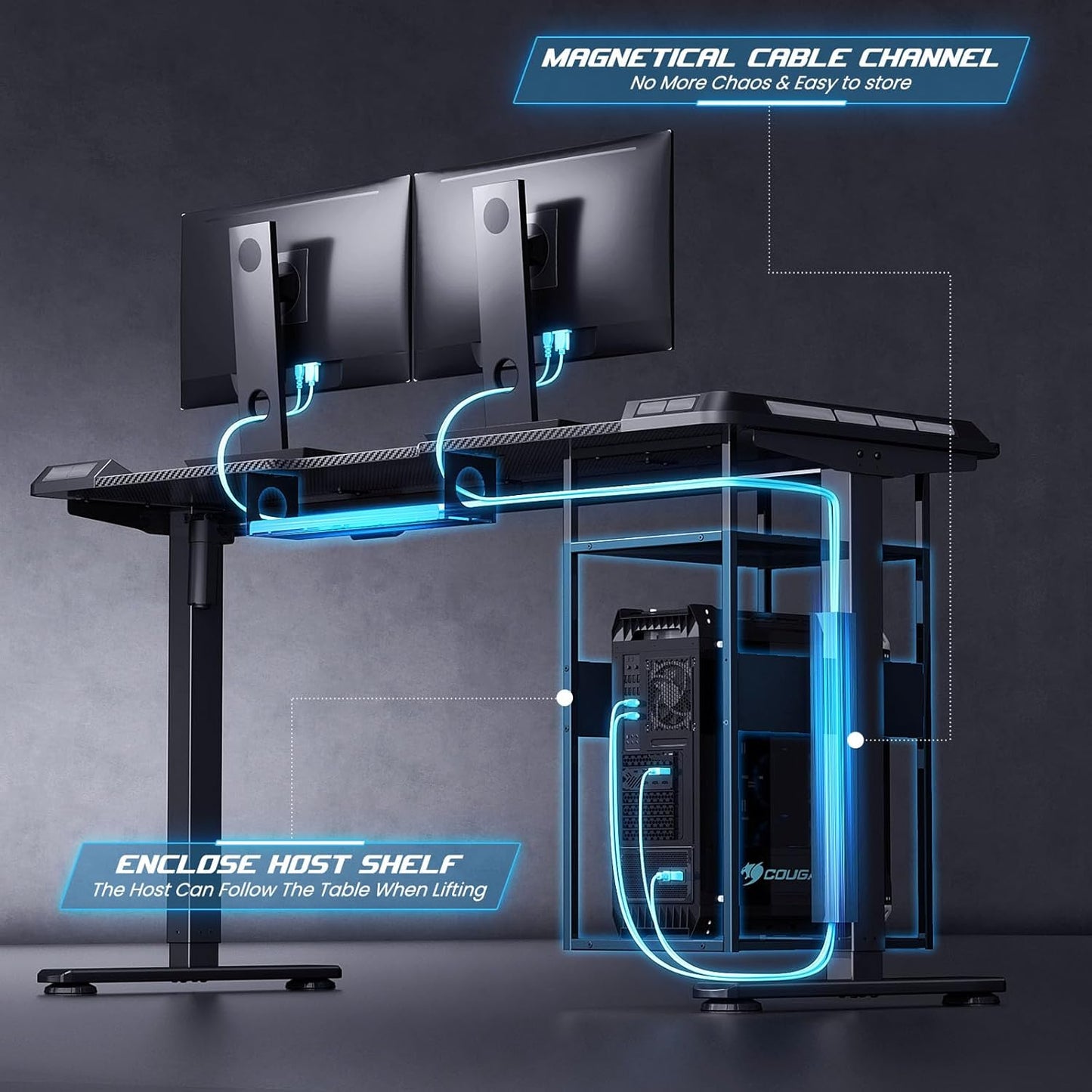 Gaming Standing Desk with LED Lights & Host Shelf, 55" x 24" Gaming Table with Music Sensing APP Control, Underdesk Cable Storage Electric Standing Desk, Black Carbon Fiber PC Table for Home Office