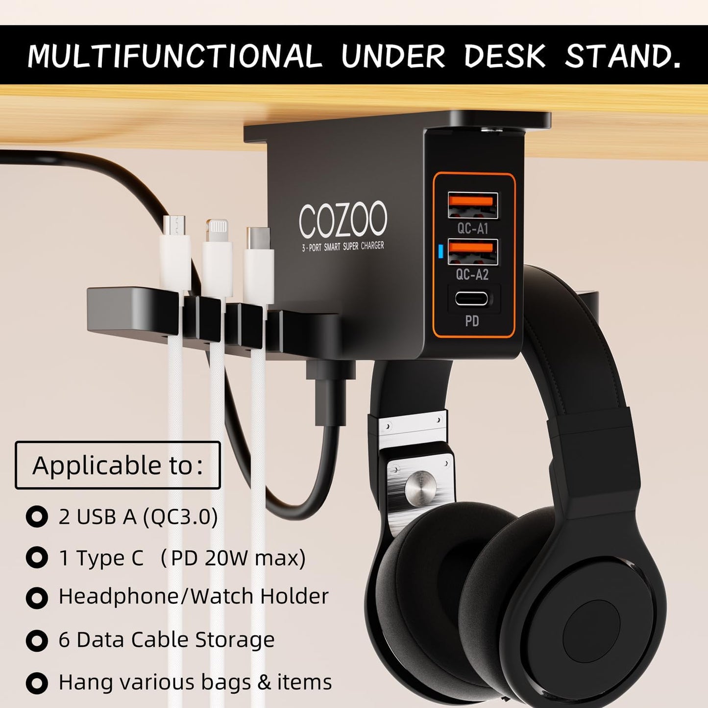 cozoo Headphone Stand with USB Charger Under Desk Headset Holder Mount 3 USB Charging Station,iWatch Stand Watch Dock Dual Earphone Hanger Hook,PC Accessories Gifts,UL Tested