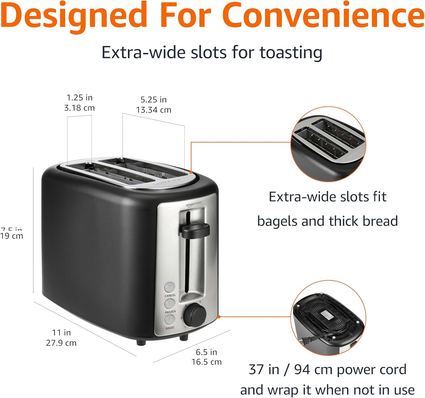 Amazon Basics 2 Slice Toaster, Extra Wide Slots for Bagels, 6 Browning Settings, Removable Crumb Tray, Defrost/Cancel/Bagel Buttons, Cord Wrap, 900W, Black & Silver