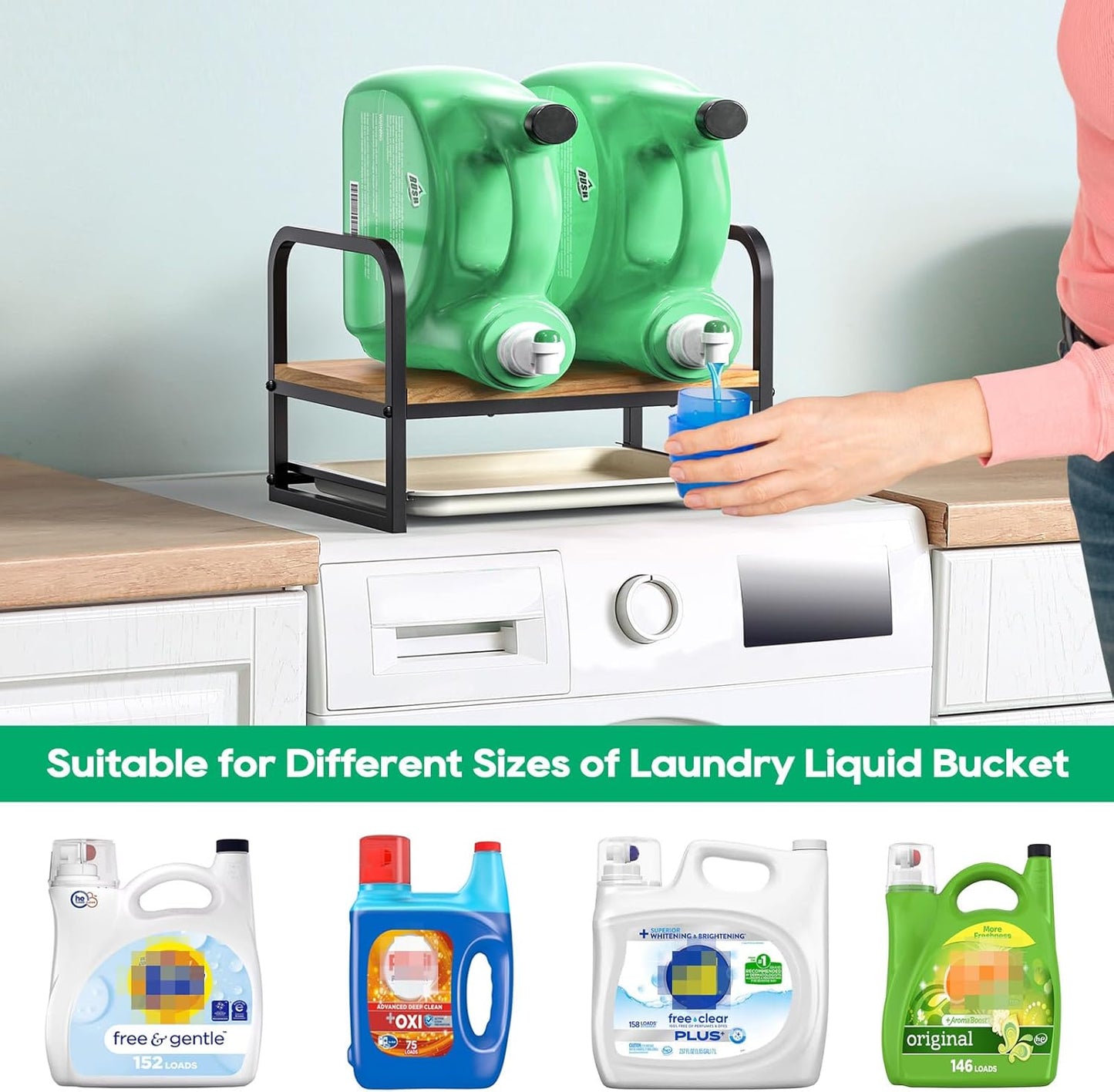 Laundry Detergent Holder Stand, Liquid Detergent Dispenser Shelf Organizer with Cleanable Drip Tray, Liquid Holder Stand Catcher for Laundry Room Organization and Storage (Flat-Black)