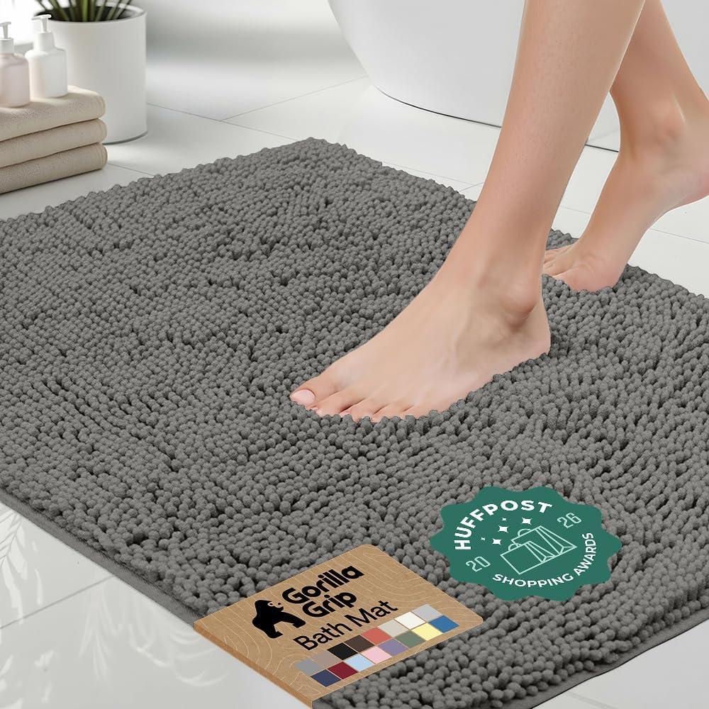 GORILLA GRIP Bath Rug Mat, Thick Soft Absorbent Chenille, Quick Dry Microfiber Mats, Rubber Backing Washable Shower Floor Rugs, US Designed Bathroom Bathmat Home Decor Accessories, 24x17, Charcoal