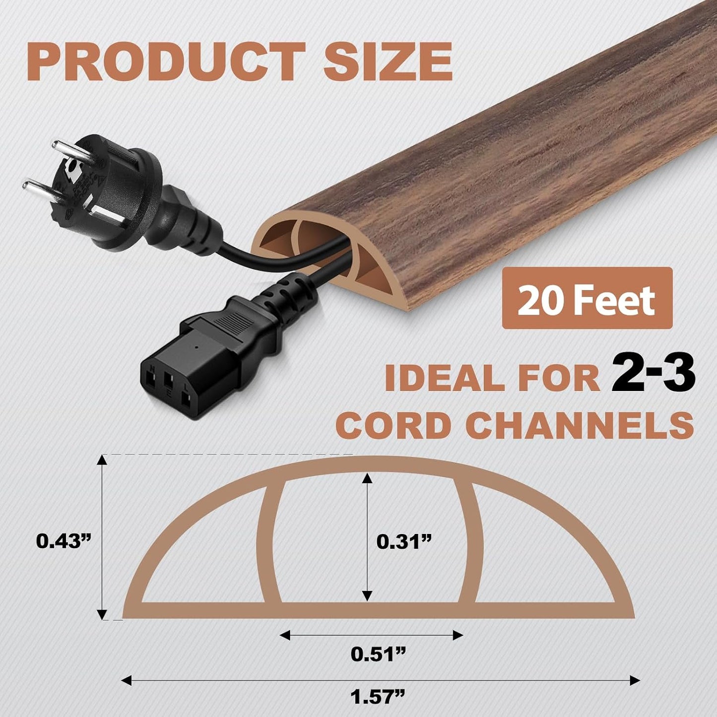 Floor Cord Cover for Wires on Floor Self Adhesive Cord Hider | Floor Cable Cover Floor Wire Covers for Cords Prevent Cable Trips, Cord Cavity W 0.51" x H 0.31", Misty Brown Wood, 20Ft