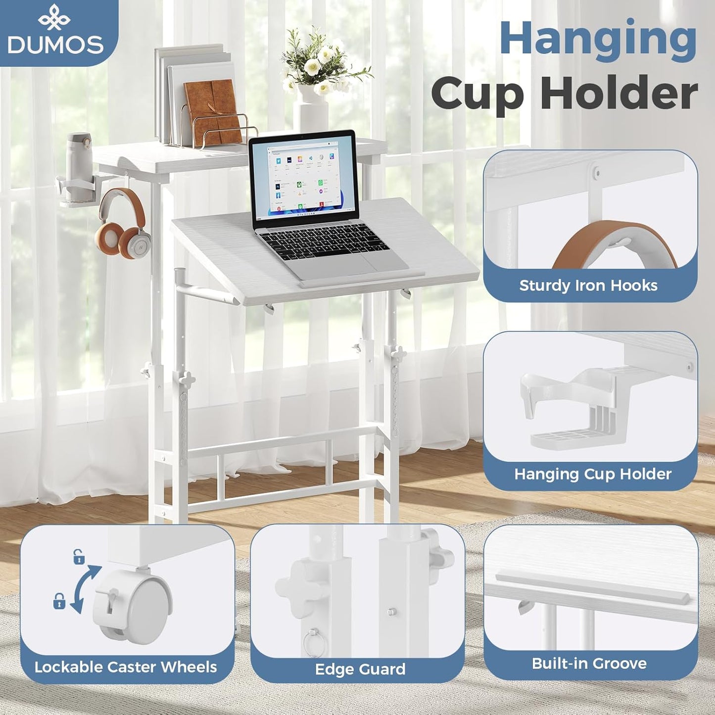 DUMOS Split Top Rolling Standing Desk 23.6 Inch Mobile Laptop Workstation Manual Height Adjustable Sit Stand Office Table Walking Pad Study Surface Portable Home Office Computer Cart White