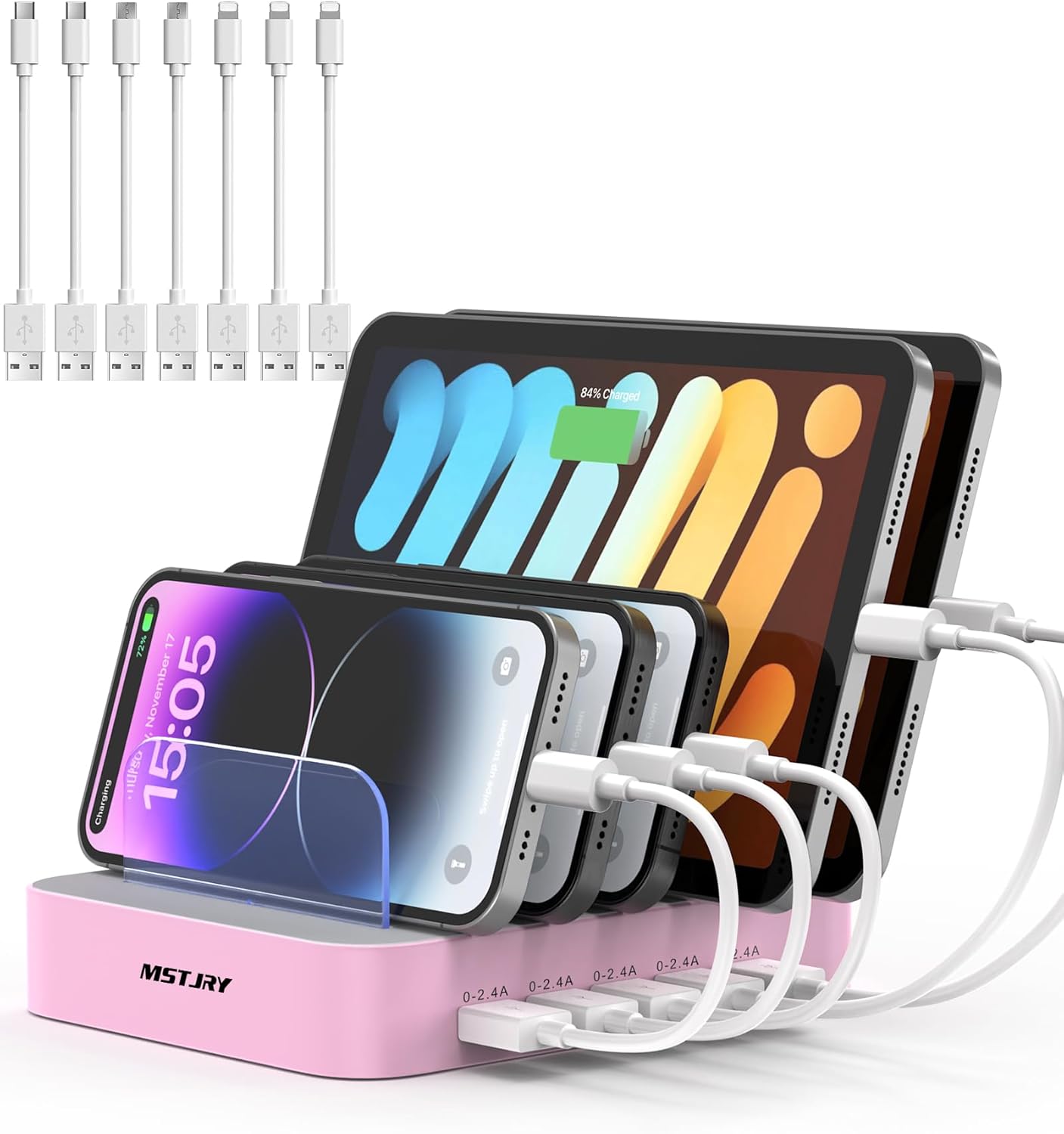 MSTJRY Charging Station for Multiple Devices : 5 Port Multi USB-A Charger Stations Multi-Device Organizer Charging Dock Designed for iPhone iPad Cell Phone Tablets (7 Short Cables Included)