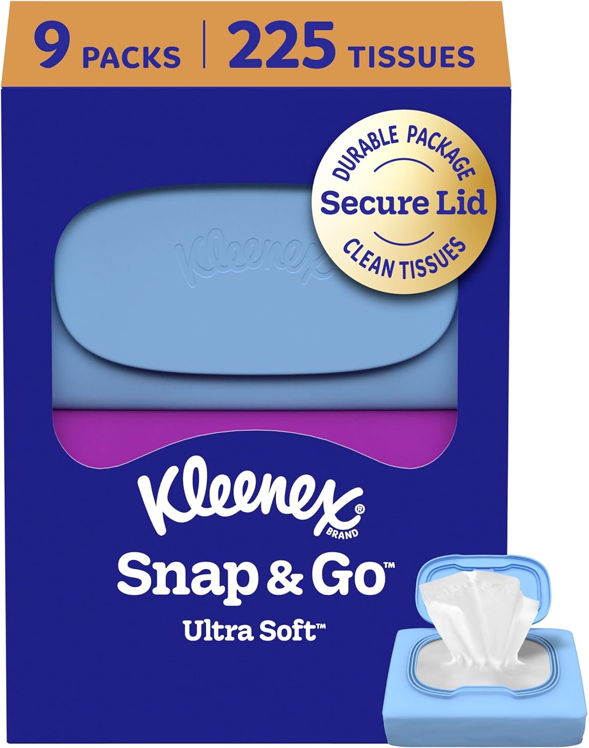 Kleenex Snap & Go Ultra Soft Facial Tissues, 9 On-the-Go Packs, 25 Tissues per Pack, 3-Ply, Packaging May Vary