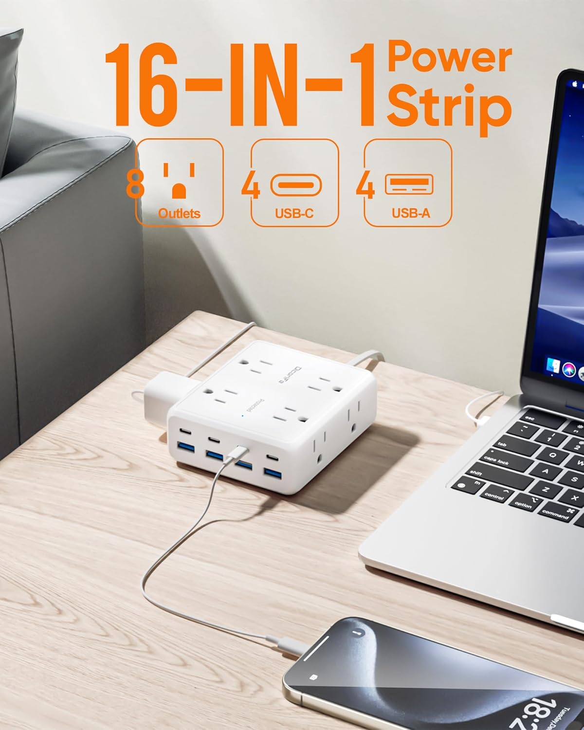 Olcorife Flat Plug Power Strip with 10 FT Extension Cord, 8 Outlets 8 USB Ports(4 USB C), 3 Sided Outlet Extender for Home Office Travel Dorm Room Essentials, White
