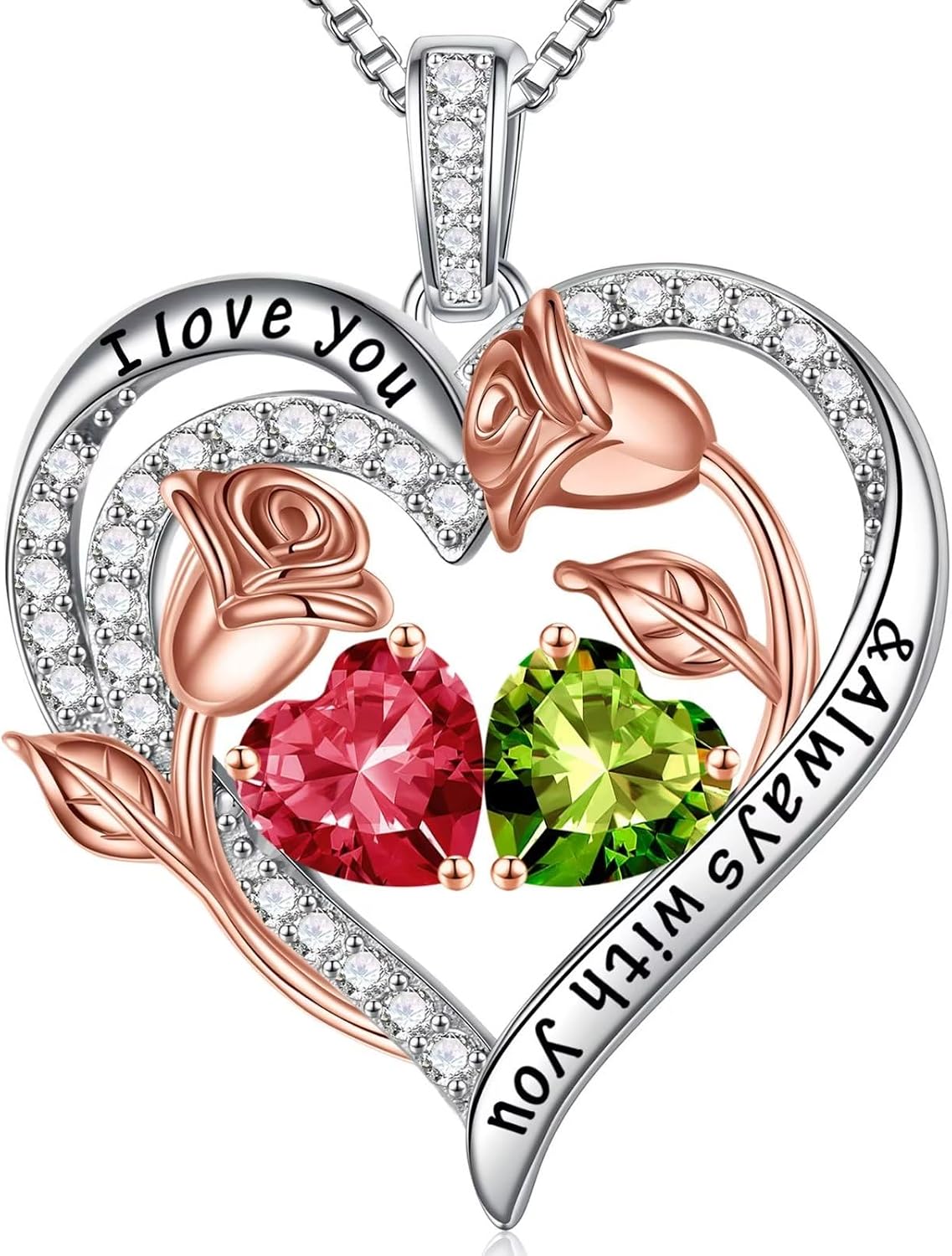 Iefil Birthstone Necklace for Women - Rose Heart Necklace