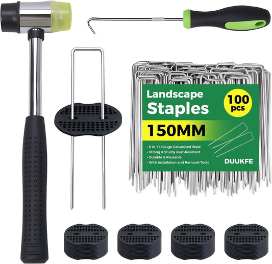 100Pcs Garden Staples +100Pcs Gasket +Pick Hook +Rubber Mallet, 6 Inch Landscape Fabric Stakes Galvanized Weed Barrier Stakes 11 Gauge Landscape Pins U Shape Lawn Staples for Yard, Turf, Sod, Weed Mat