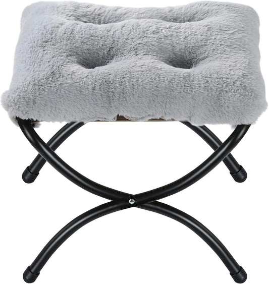 15" Faux Fur Upholstered Folding Foot Rest Stool with Metal Frame Grey