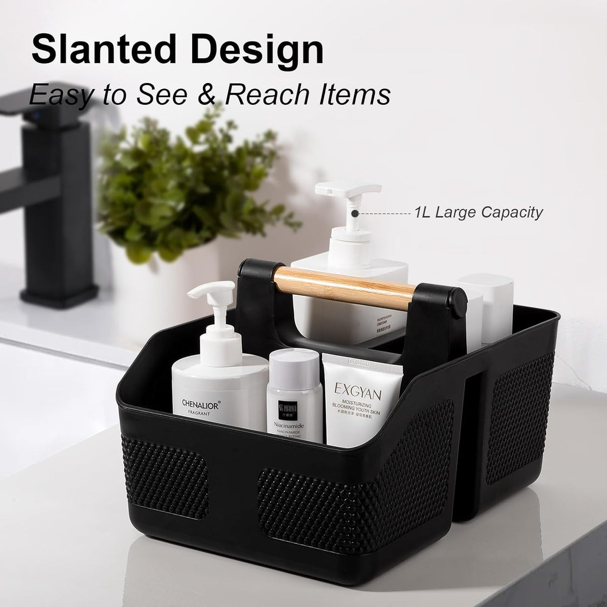 rejomiik Shower Caddy Portable with Bamboo Handle, Plastic Basket Cleaning Caddy Organizer Storage Tote for Bathroom, College, Dorm Room Essentials, Black