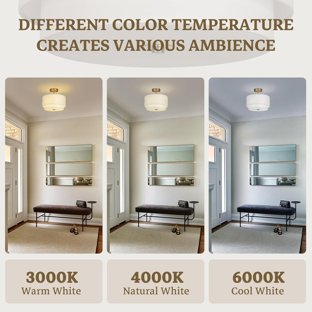Vexagyle Gold Light Fixtures Ceiling Mount,12.6'' Semi Flush Mount Ceiling Light Fixtures,Nursery Light Fixture with 2-Layer White Shade,Modern Drum Ceiling Lights for Bedroom,Living Room,Hallway