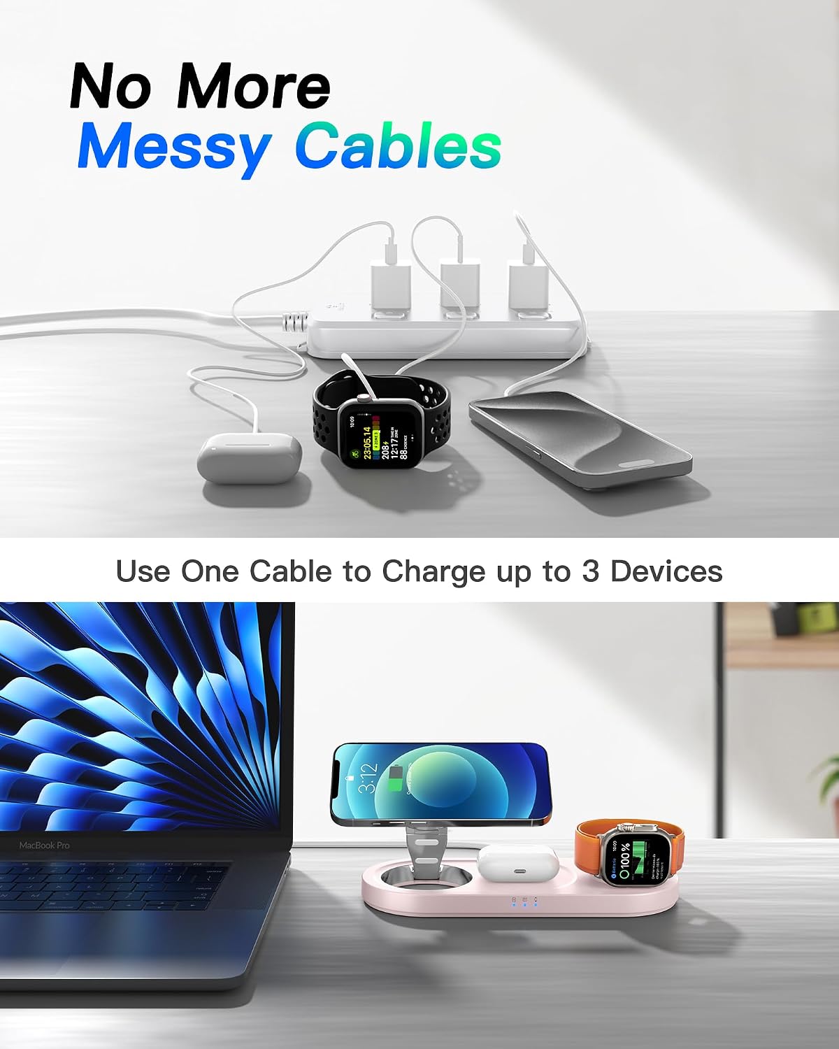 Foldable 3 in 1 Wireless Charging Station for Apple Mag-Safe Charger Stand | Fast Magnetic Wireless Charger Station for iPhone 17 Air 16 15 14 13 12, Apple Watch, AirPods Pro/4/3/2, and More (Pink)