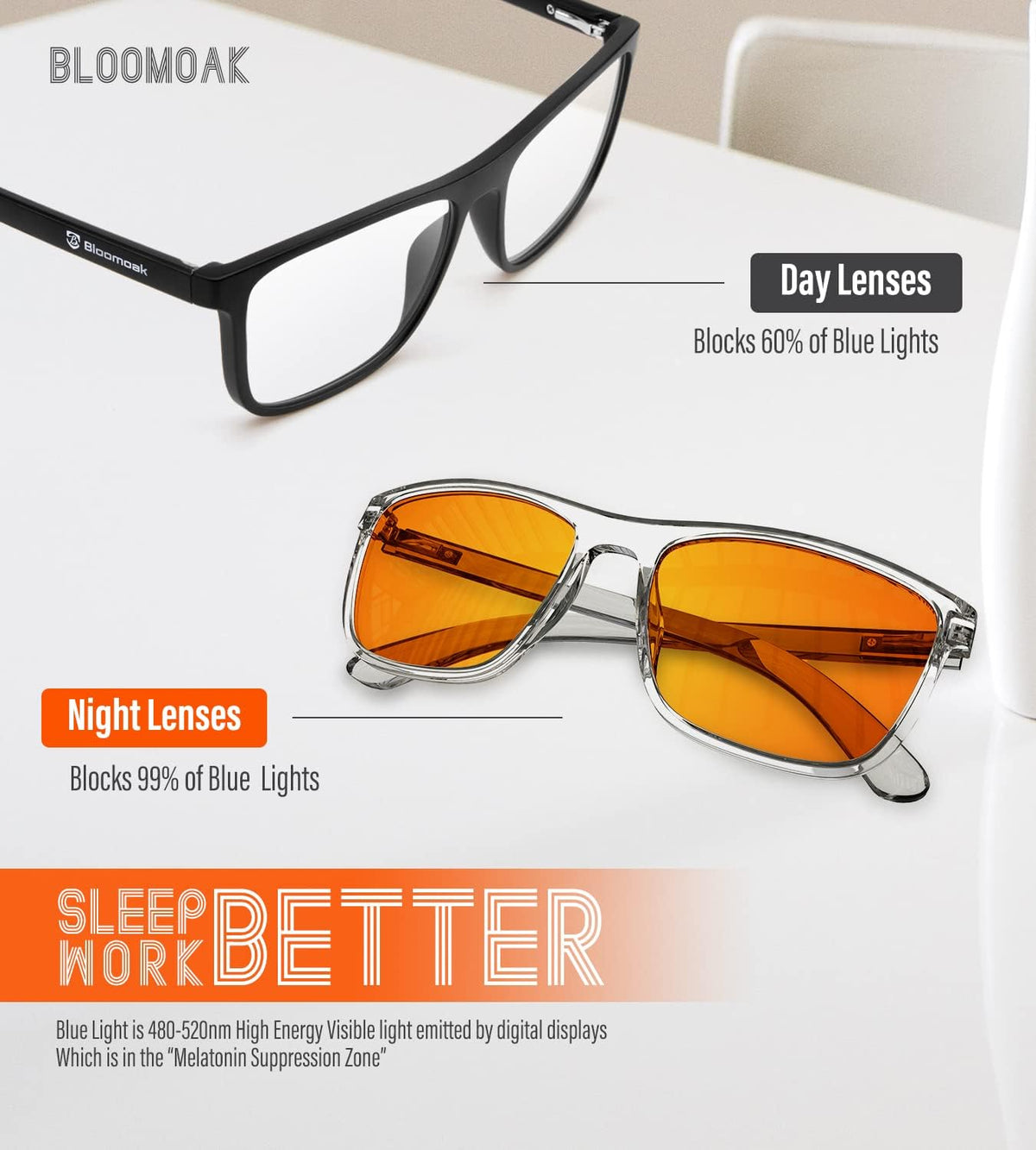 Bloomoak-99% Blue Light Blocking Glasses - Gaming Glasses - Anti Glare - Anti Fatigue -Suitable for Screens, Games, TVs