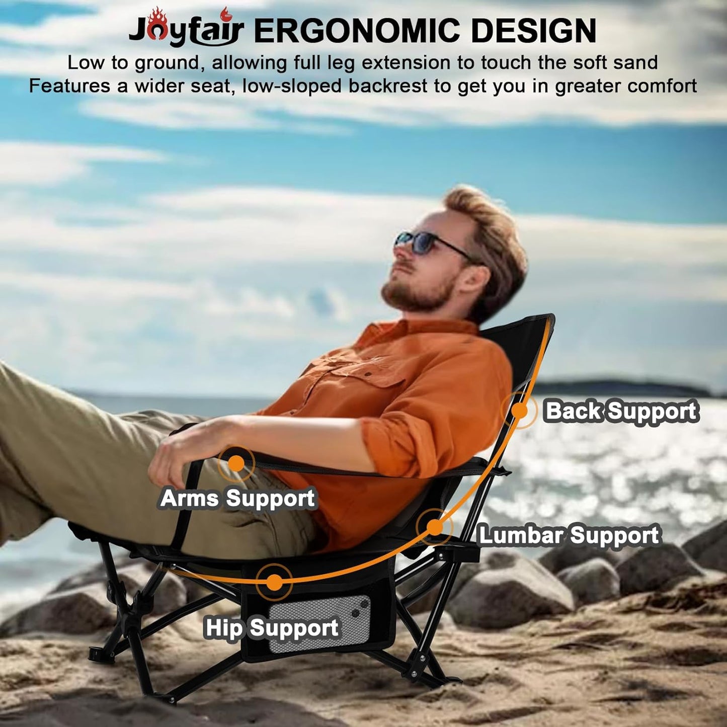 Joyfair Beach Camping Chair (2 Pack), Outdoor Folding Chair for Adults, Heavy Duty Portable Chair for Outside Fishing, Lawn, Sport, Patio, Armrest Cup Holder & Storage Pocket, Carry Bag (Black)