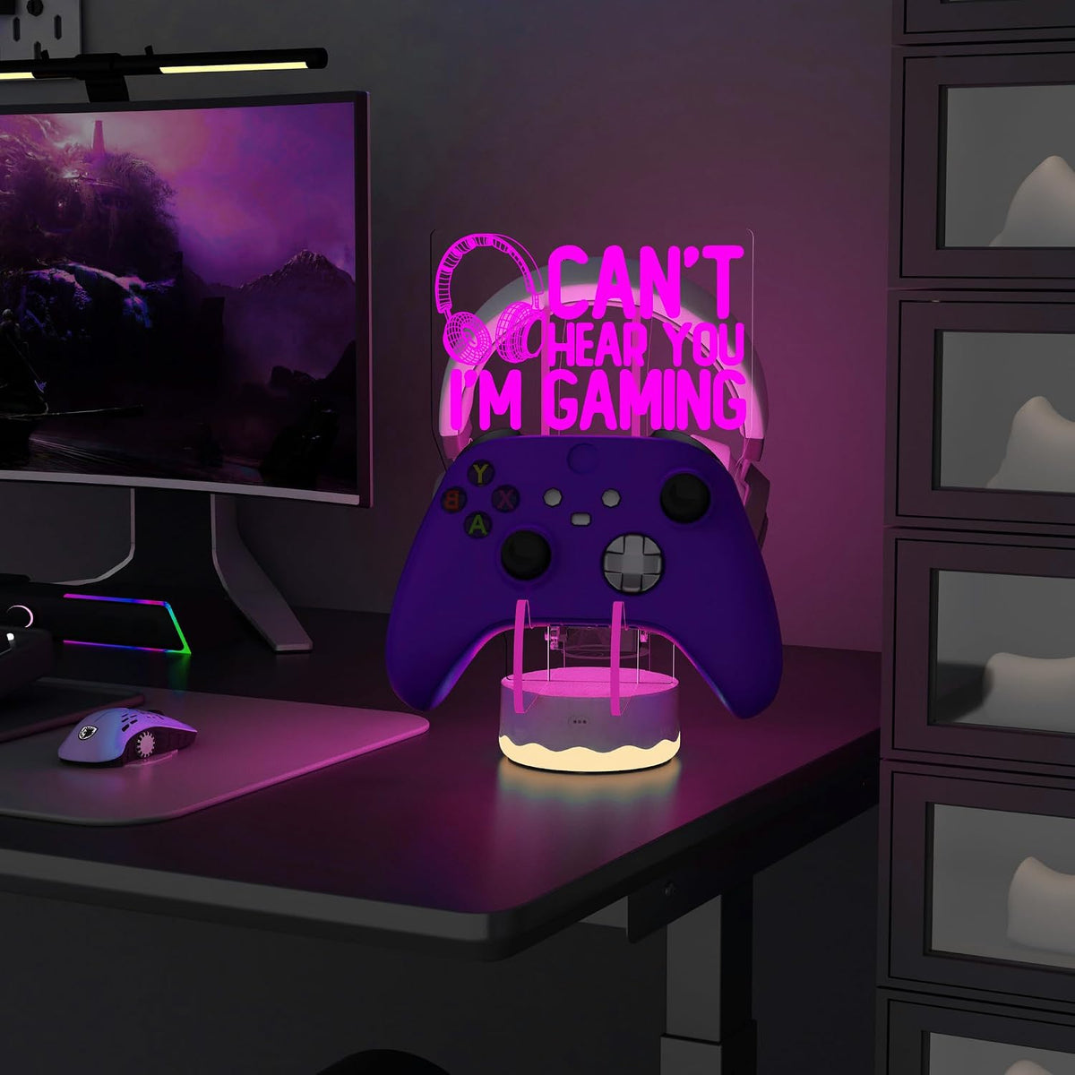 CoolGift Mart Light Up Headset and Controller Stand, 16 Colors 3D LED Lights Gamepad Headphone Holder with Remote Control, Game Controller Hanger for All Universal Gaming PC Accessories