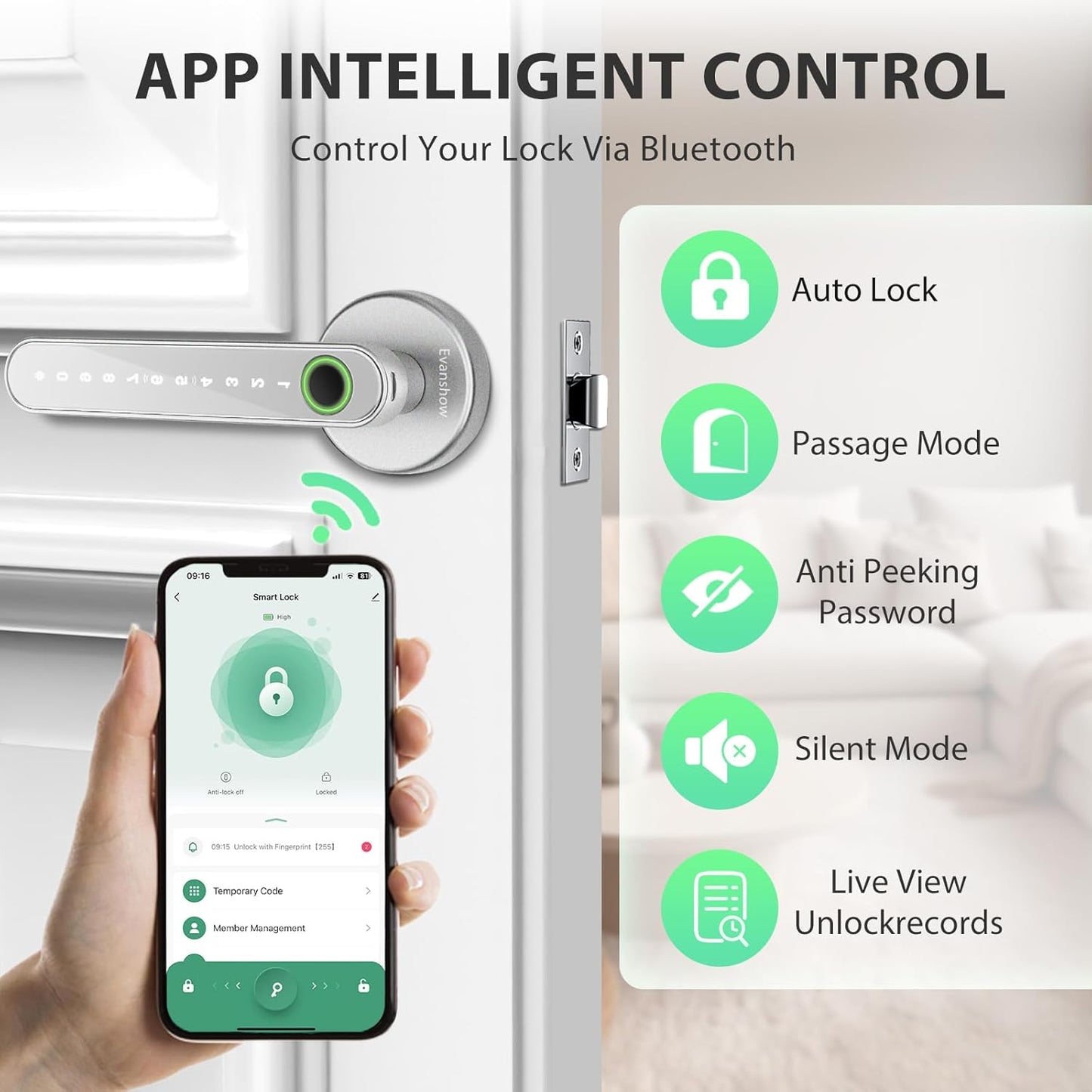 Smart Door Lock with Knob, Keyless Entry Door Locks with Handle, Fingerprint Door Knob for Bedroom/Front Door/Apartment,Generate Passcode Remotely Silver