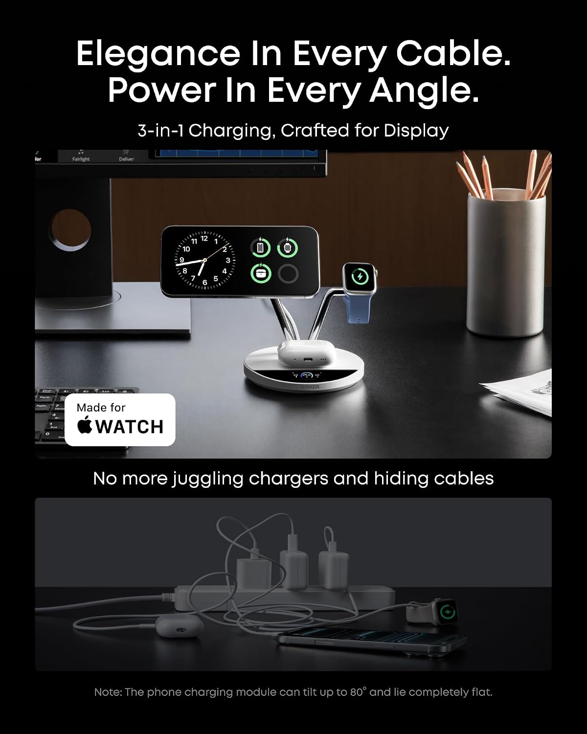 Anker Prime 3-in-1 Qi2.2 MagSafe Compatible 25W Wireless Charging Station | Smart Display with TEC Active Cooling, for iPhone 17, Apple Watch, AirPods Pro, and More (Adapter Included)