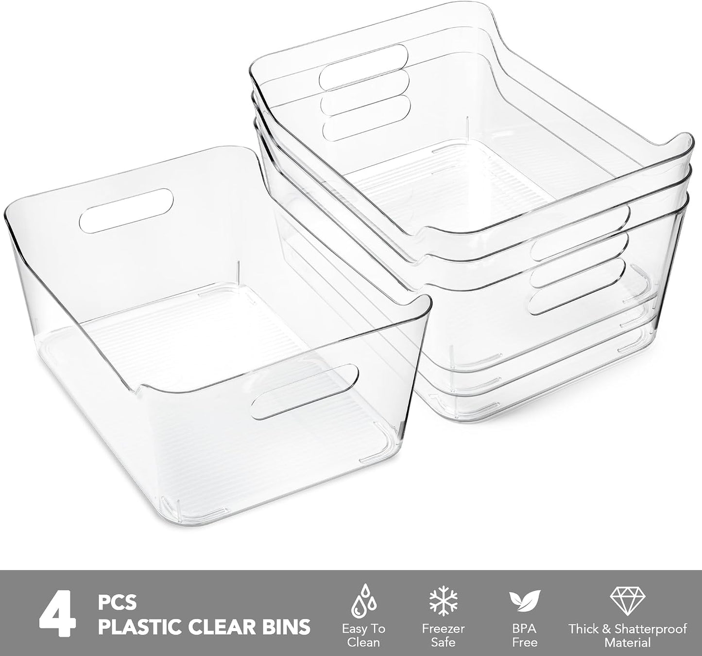 Tiawudi 4 Pack Plastic Storage Bins, Extra Large Pantry Organizer, 13.5" x 10" Clear Storage Containers and Organizer Bins, Multi-Use Bins for Home, Kitchen, Closet and Cabinet