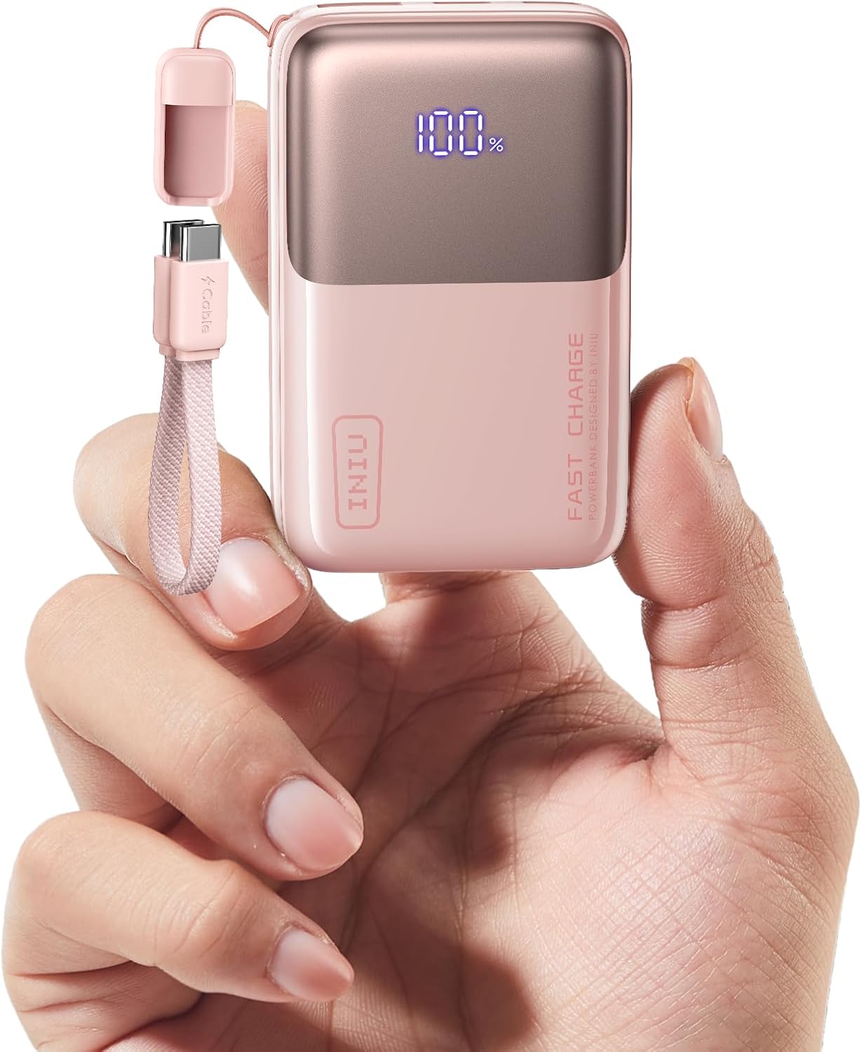 INIU Portable Charger, Ultra Mini 10000mAh 45W Fast Charging Power Bank, USB C Battery Pack with Cable, Flight-Safe Travel Powerbank for Women Girls Cute Nano Compact Sleek, Light Pink