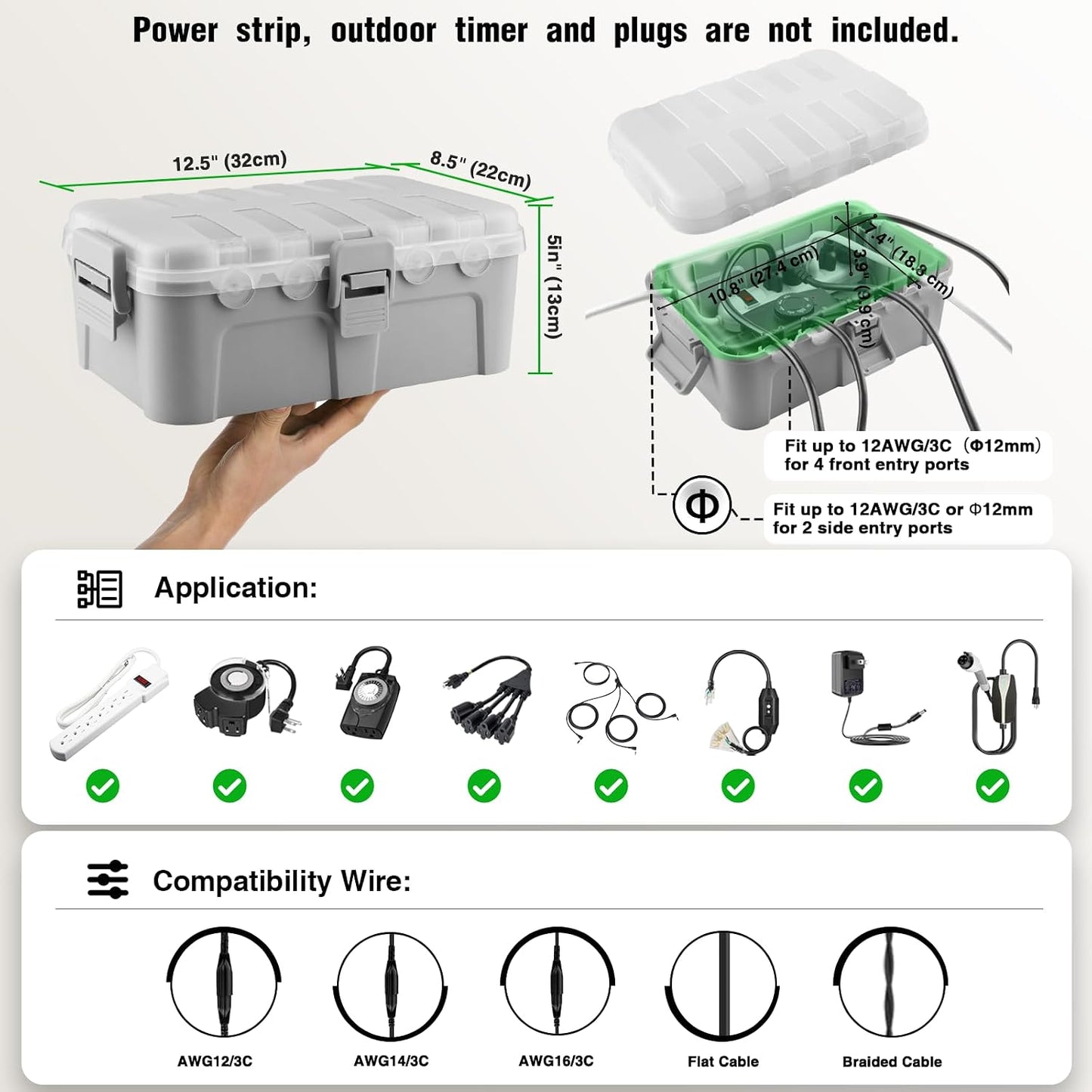 Flemoon Large Outdoor Electrical Box, Waterproof Extension Cord Cover | 6 Cable Entry Ports, IP54 Weatherproof Connection Box with Clear Lid for Photocell Light Sensor Timer, Outlet, Socket, Gray
