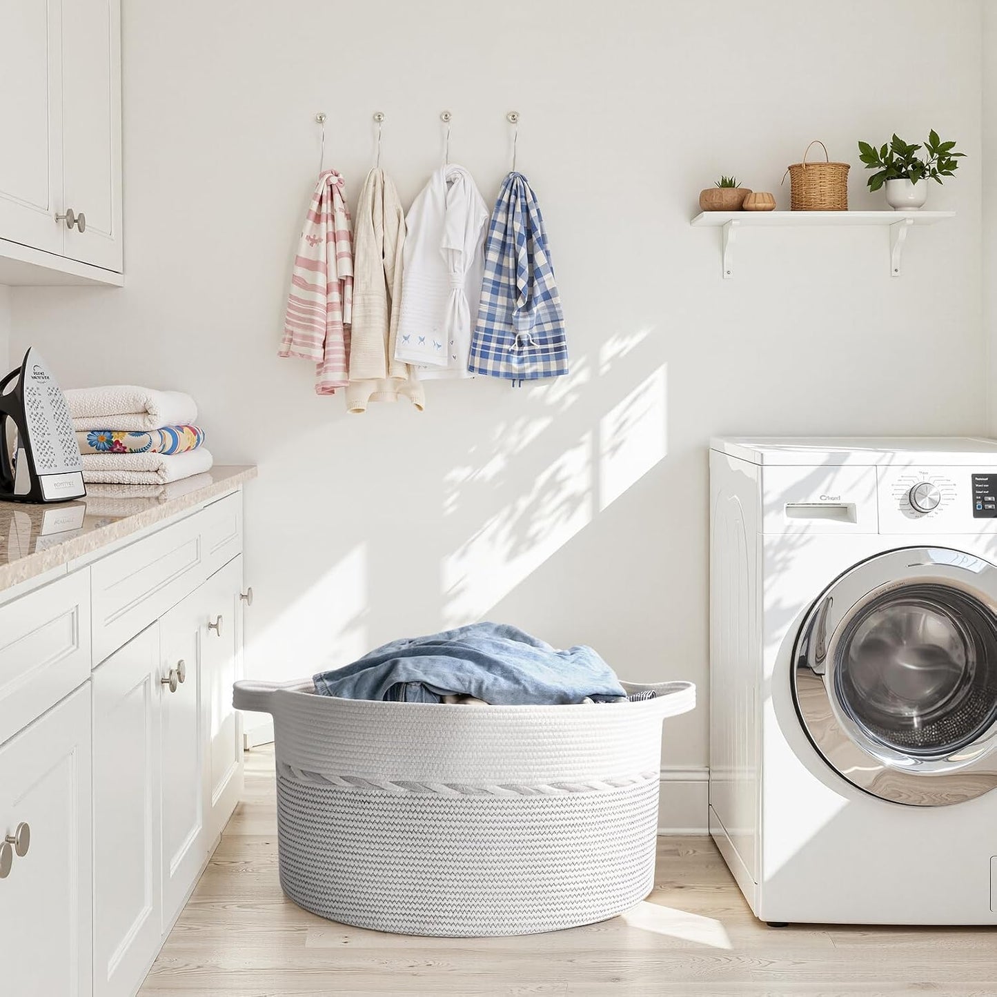 OIAHOMY 90L Extra Large Blanket Basket - Decorative Cotton Rope Storage Basket for Bedroom, Living Room & Nursery - Woven Laundry Hamper for Organizing Blankets, Clothes & Toys - Light Grey & White