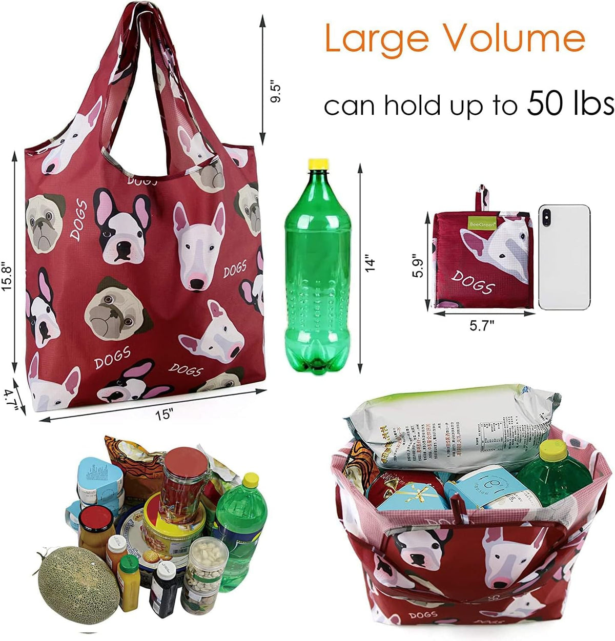 BeeGreen Heavy Duty Bulk Large Reusable Grocery Bags 6 Pack - Foldable Sturdy Recycled Cloth Animal Print Shopping Totes with Handles -Reusable Gifts Bags for Groceries, Travel, Storage & Women