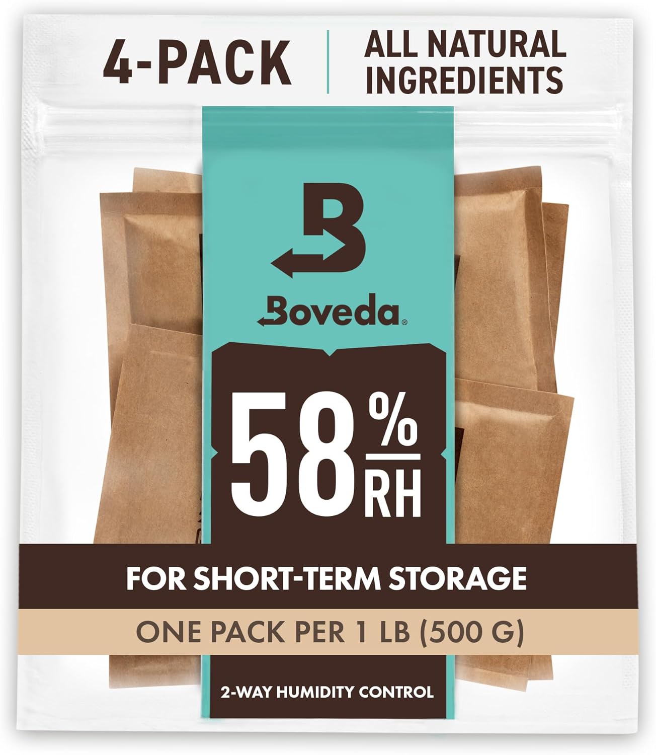 Boveda 58% Two-Way Humidity Control Packs For Storing 1 lb – Size 67 – 4 Pack – Moisture Absorbers for Storage Containers – Humidifier Packs – Hydration Packets in Resealable Bag