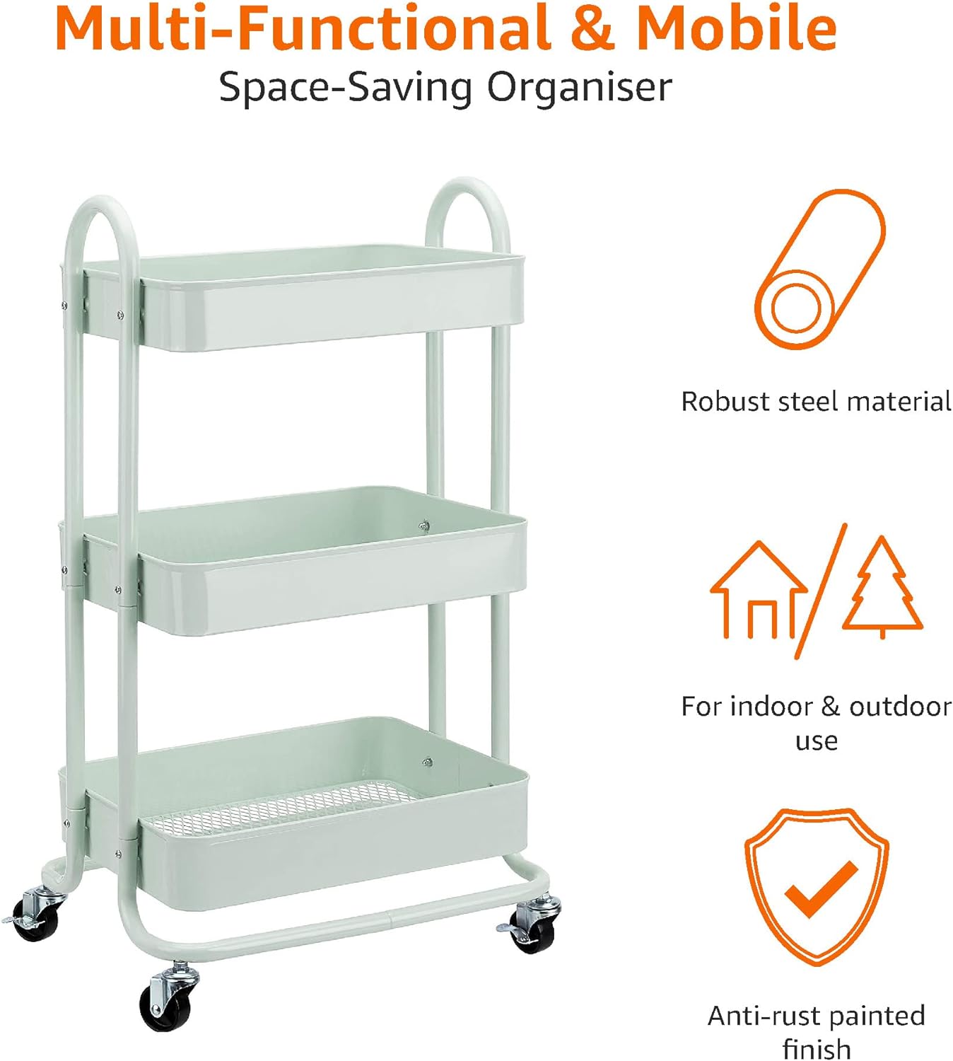 Amazon Basics 3-Tier Metal Rolling Utility Cart, Storage Organizer, Multi-Functional Kitchen Island Cart, Portable Shelving Unit with Caster Wheels, Mint Green