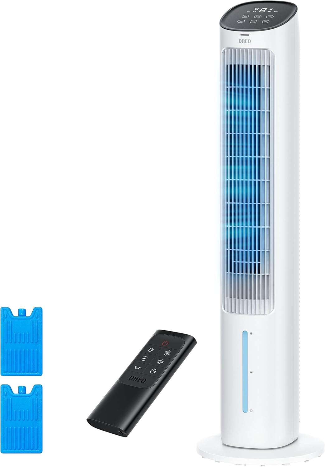 DREO Portable Air Conditioners Fan, 40” Standing Fans that Blow Cold Air, Portable AC，80° Oscillating Evaporative Air Cooler，Removable Water Tank, Ice Packs, Remote Control, 4 Speeds, 7H Timer, White