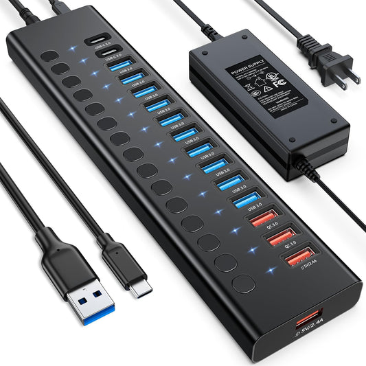Powered USB Hub, AGEEN 16-Port USB 3.0 Hub (14 USB-A+2 USB-C), 5Gbps