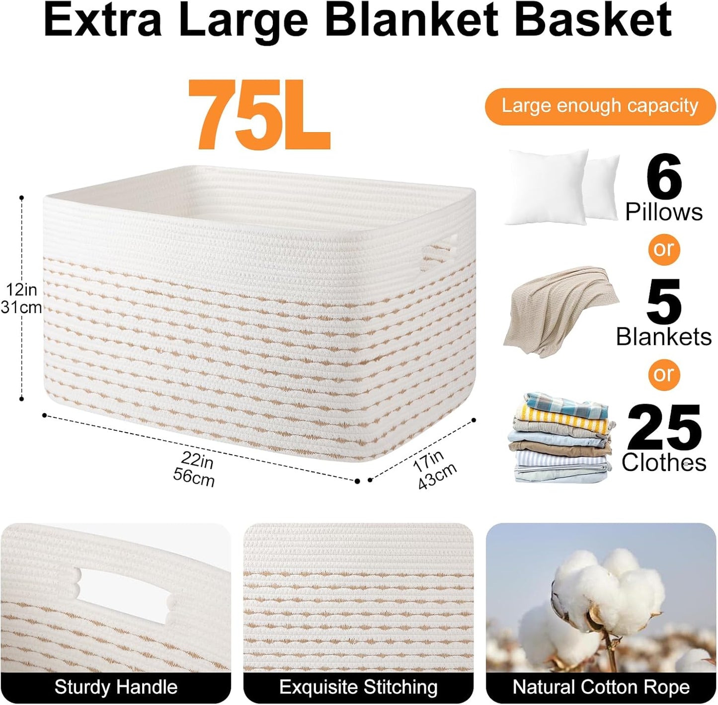 OIAHOMY 75L Blanket Basket, Woven Cotton Rope Basket for Organizing 22”x17”x12”, Used for Living Room, Bedroom, Nursery, Light Yellow & White