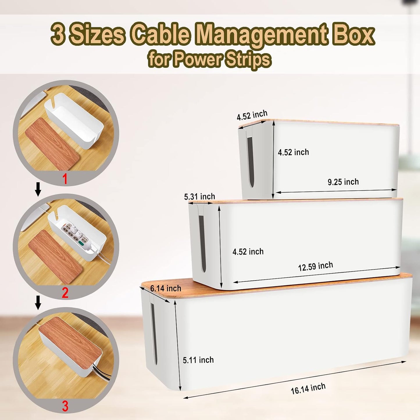 128PCS Cable Management Box 3Pack Cable Management Kit for Power Strip to Hide Wires,Cord Hider Boxes,Cord Box Safe ABS Material Wire Organizer of Cable Clips Sleeve for Home & Office, White