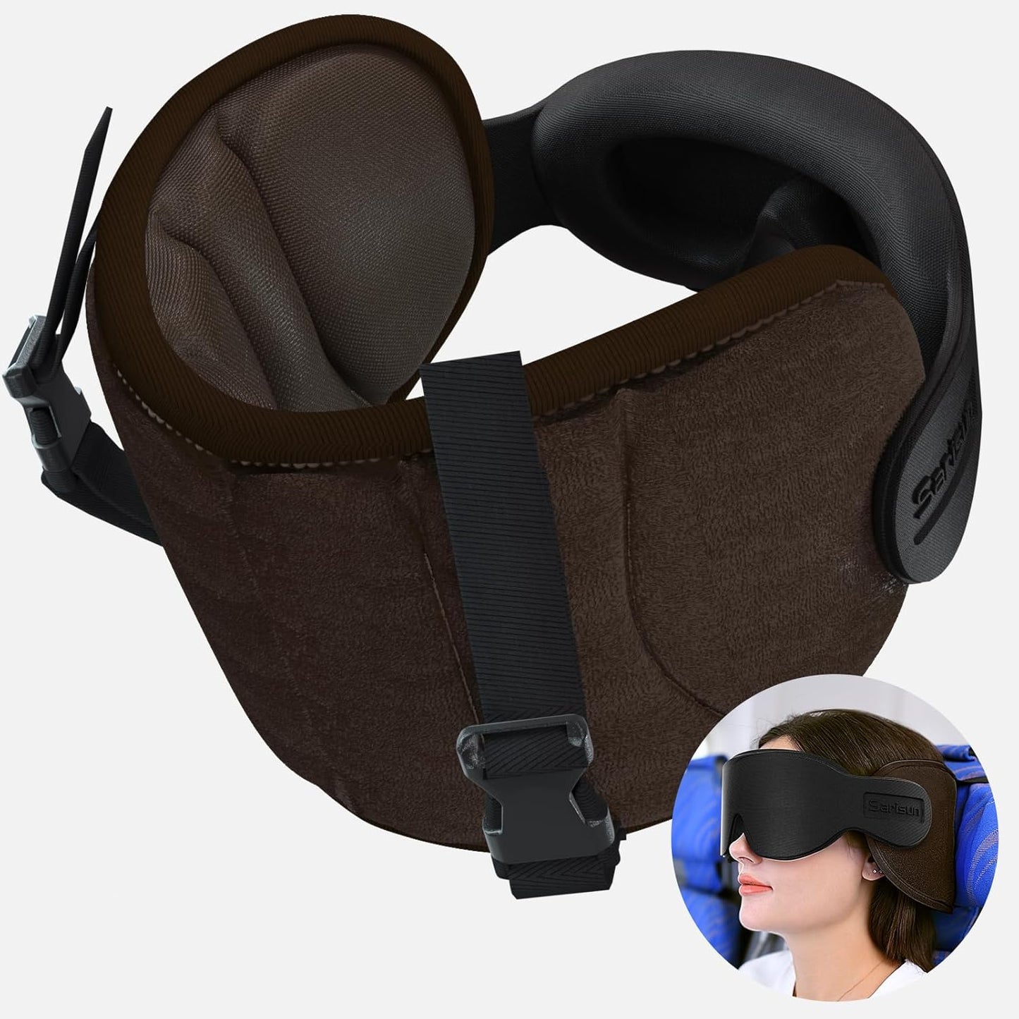 SARISUN Travel Pillows for Airplanes, Airplane Pillow with Eye Mask for Long Flight, Airplane Head Strap for Sleeping, 360° Support Headrest for Car Trip, Stop Bobblehead Travel Essential, Dark Brown