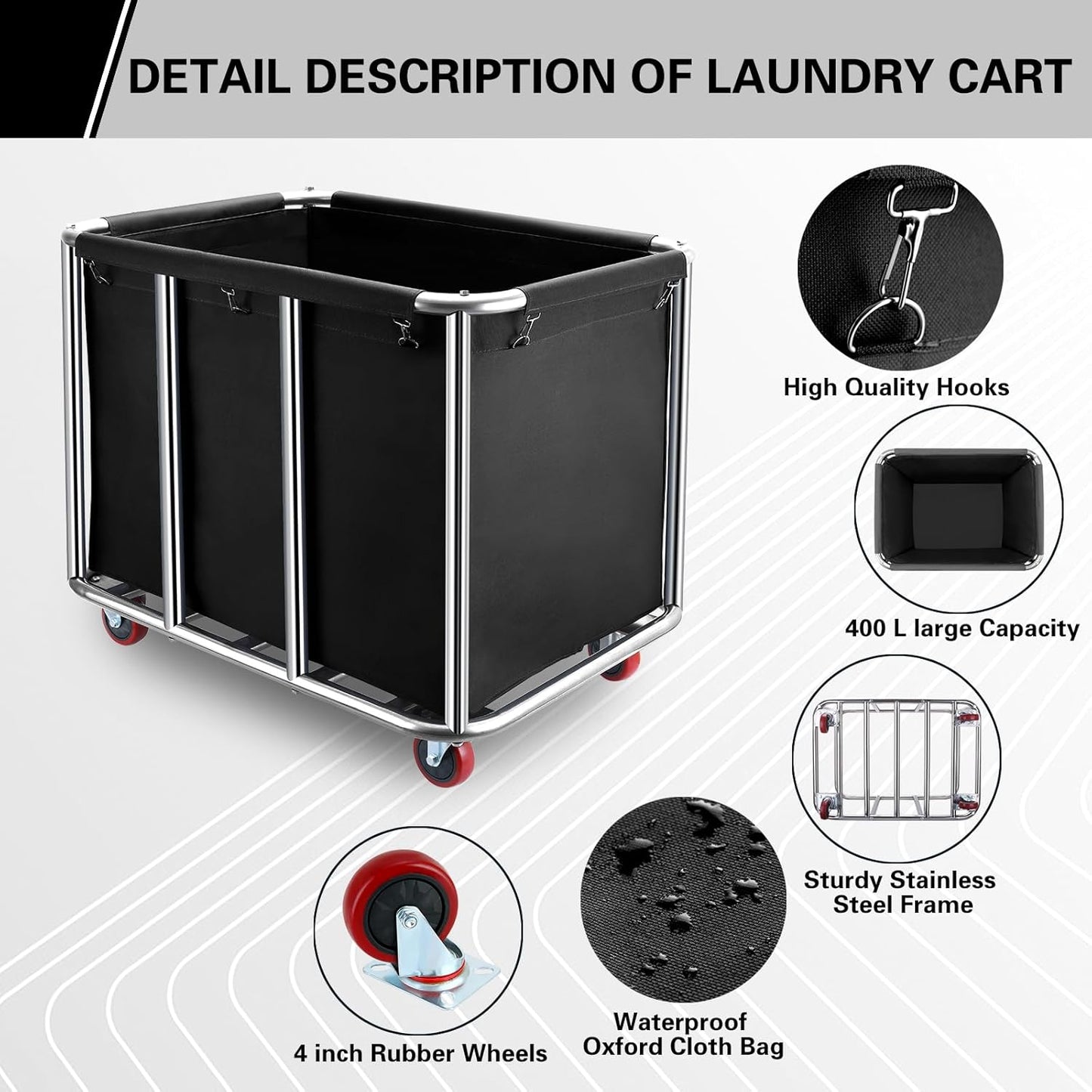 Commercial Laundry Cart with Wheels,400L Large Industrial Laundry Cart,Commercial Laundry Basket with Sturdy Stainless Steel Frame and Oxford Bag for Home Hotel Hospital 440 lbs (Black)
