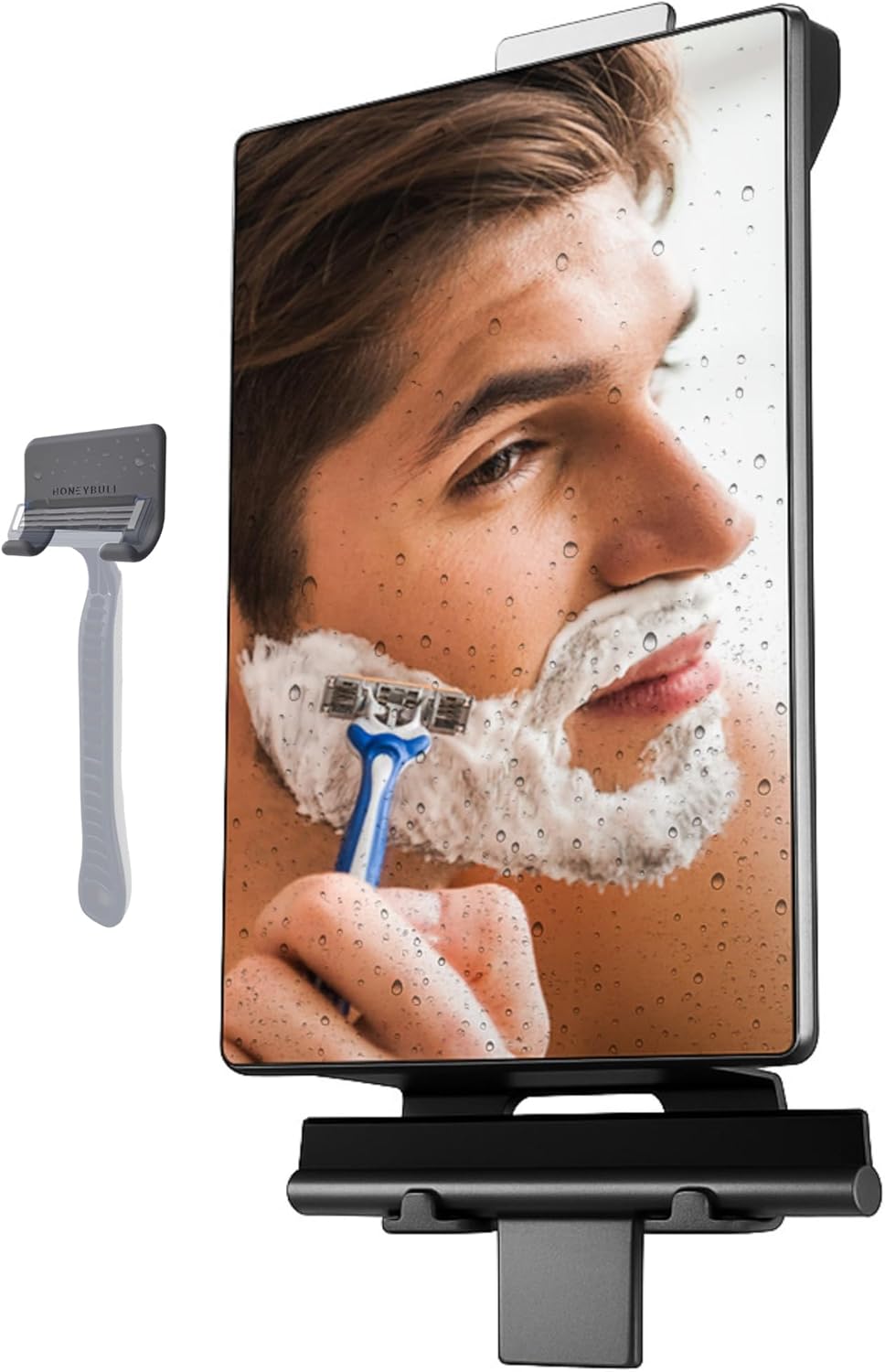 HONEYBULL Fogless Shower Mirror for Shaving – Anti Fog Mirror for Shower with Water Tank, Adhesive Hook Mount, Bonus Razor Holder & Squeegee – for Men and Women, Small Bathroom Accessory (Black)