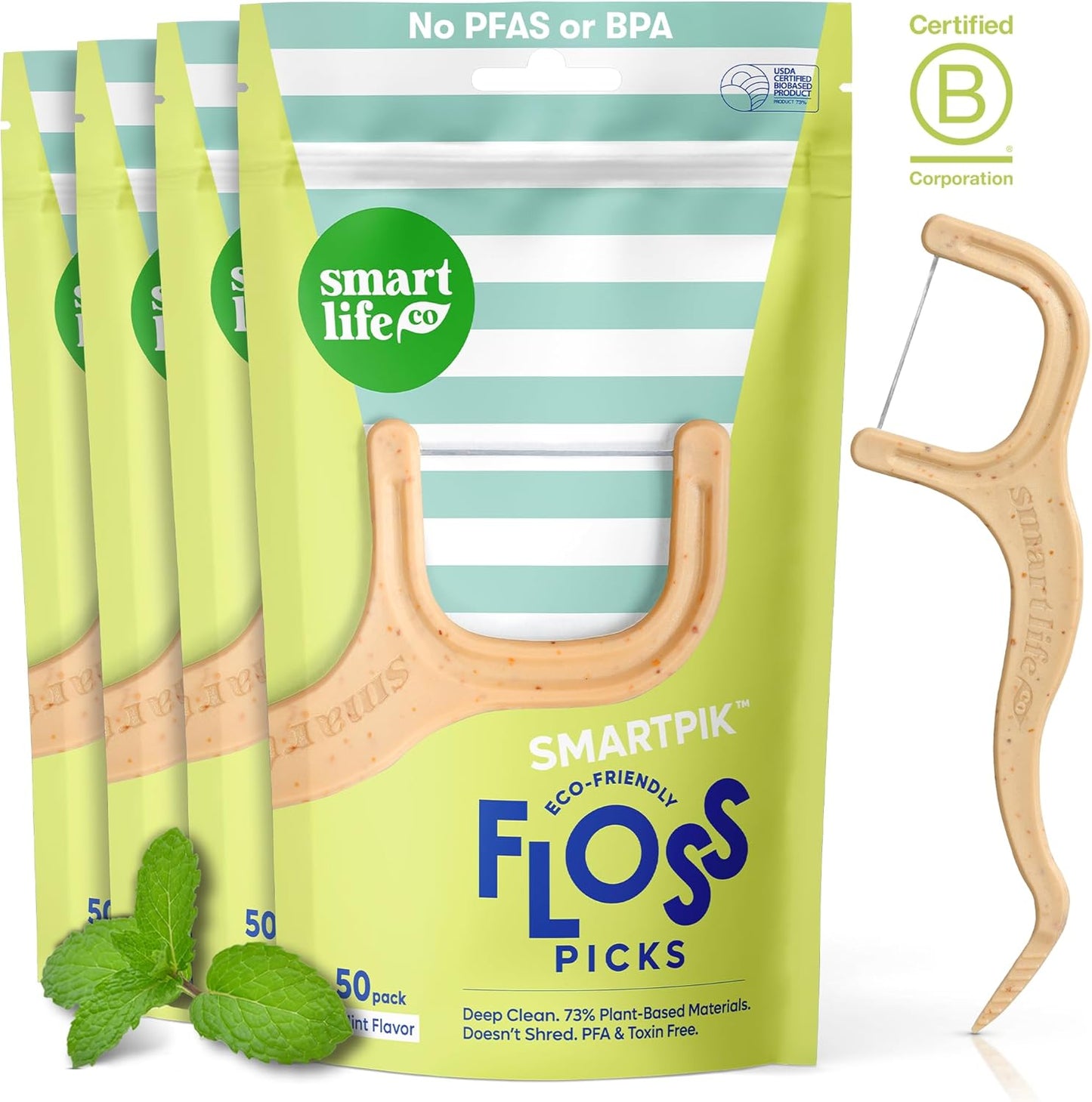 SmartLifeco Eco-Friendly Dental Floss Picks (200ct) - Flossers Made with Straw Wheat Blend, Superior Anti-Shred Thread for Tight Gaps, Tooth Pick Stick for Adults, Soft on Gum & Teeth, Vegan, Mint