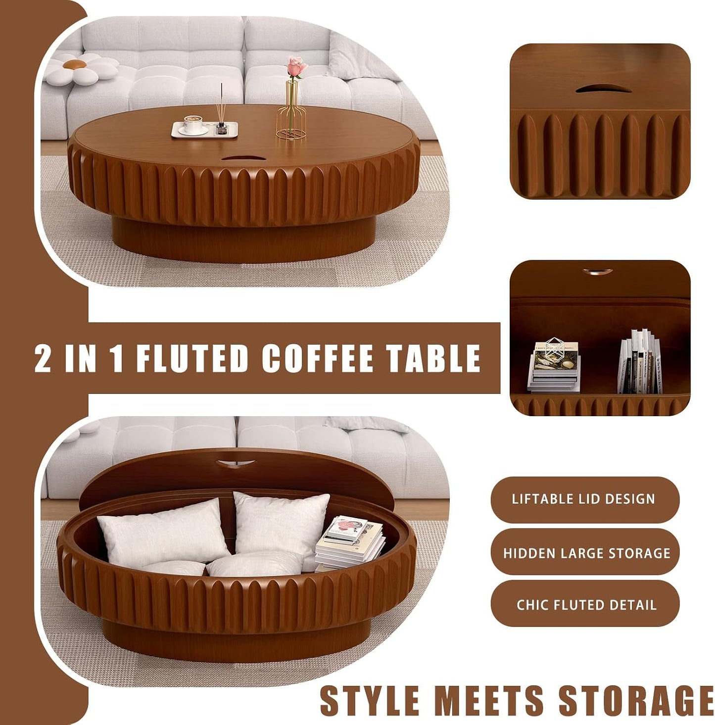 43.3" Oval Fluted Coffee Table with Hidden Storage (Brown 43.3) | Oval Wooden Coffee Table with Solid Wood Veneered, Gear Center Table, Drum Tea Table for Living Room Apartment