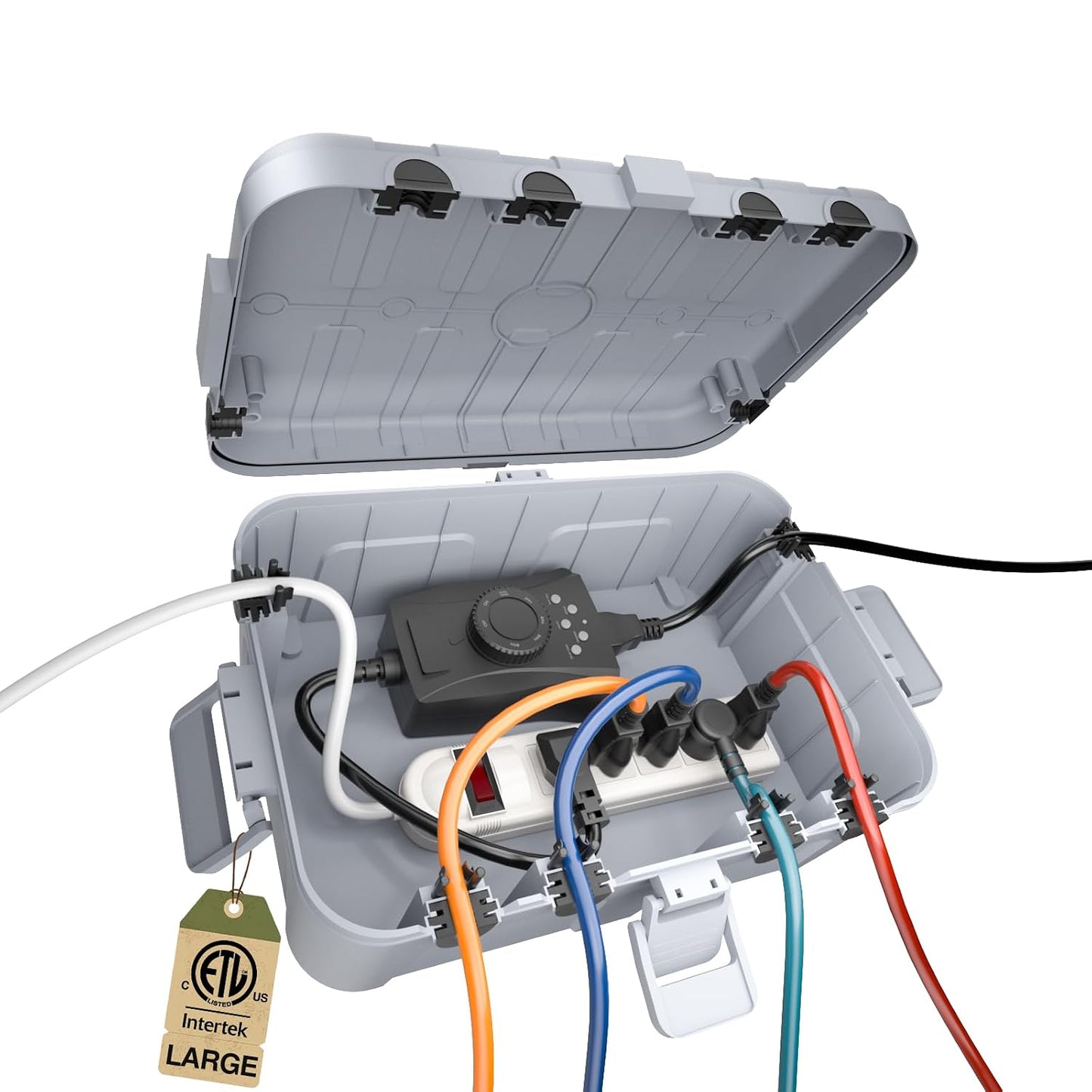 Flemoon Large Outdoor Electrical Box, Waterproof Extension Cord Cover | Inner Size 12 x 7.4 x 3.9 Inch, 6 Cable Entry Ports, Weatherproof Connection Box for Outlet, Timer, Holiday Light, Light Gray