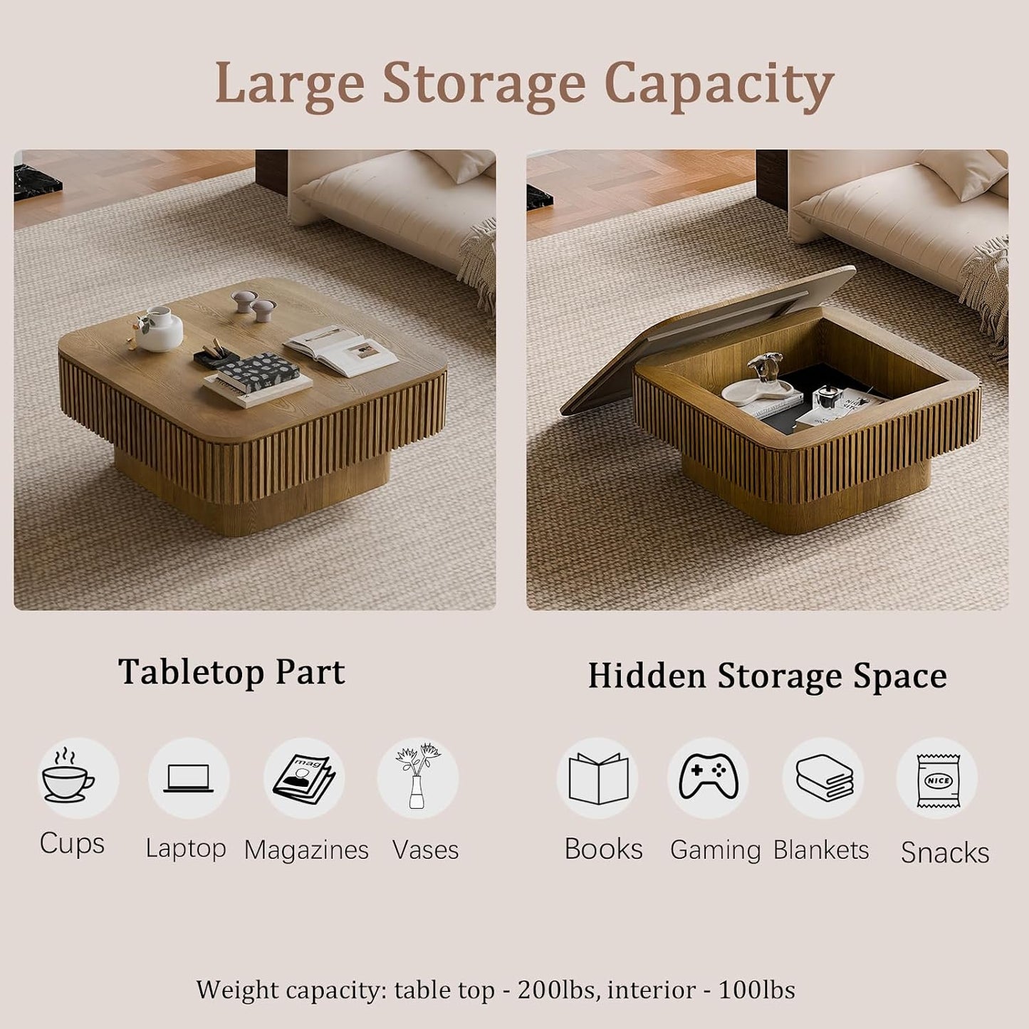 31.5" Square Coffee Table with Hidden Storage Compartment, Modern Handcraft Fluted Drum Coffee Table, Wooden Square Center Table Cocktail Tea Table with Sturdy Pedestal for Living Room, Brwon