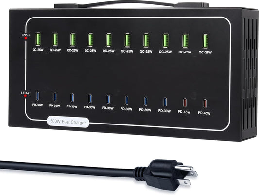 20 Port 580W USB Charging Station, Dual PD-45W USB C Charger Block | Fast Charging Station for Multiple Devices, Multi Protection for Laptop MacBook iPhone, iPad, Tablet, and More