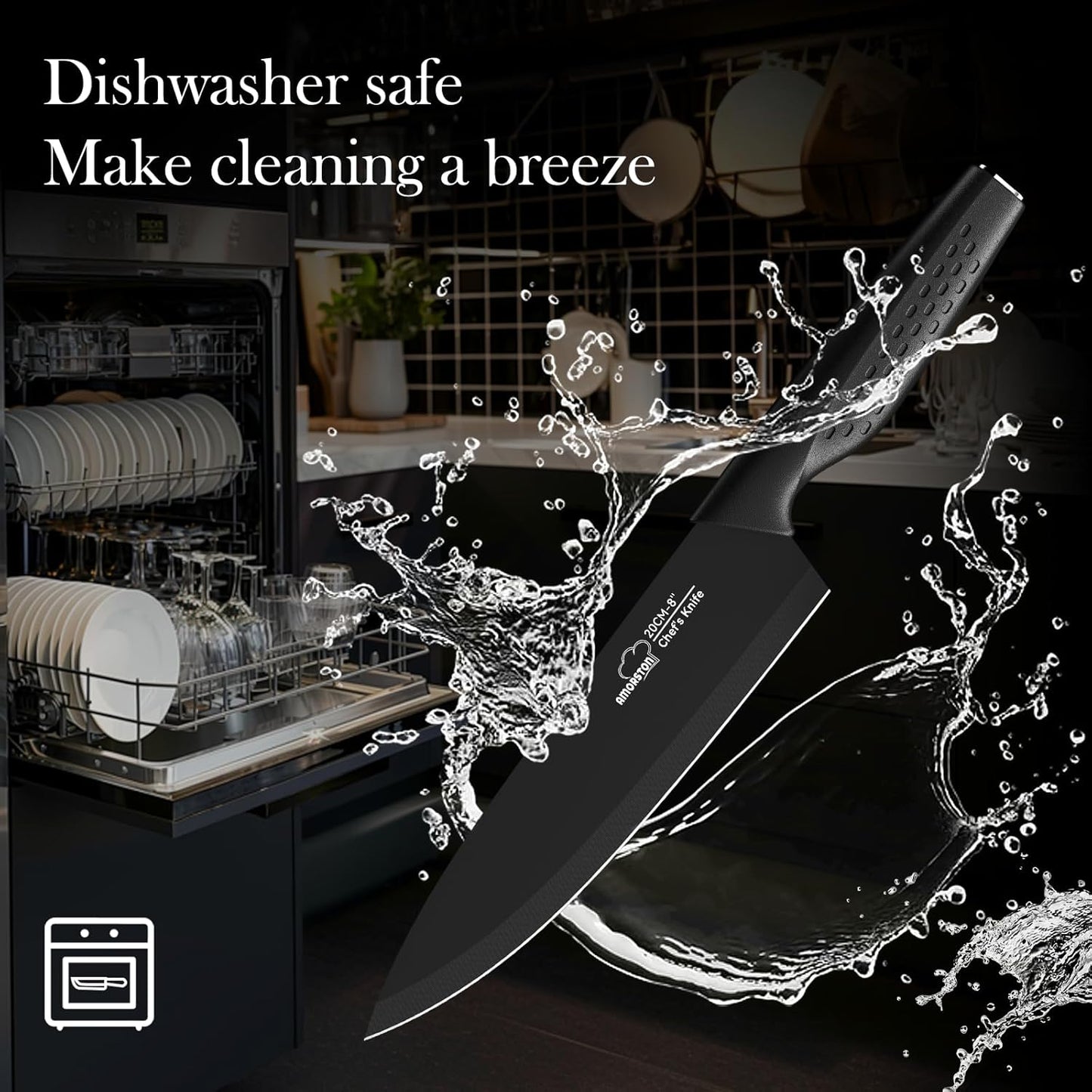 Knife Set, 15 Pieces Kitchen Knife Set with Block Built in Sharpener, Dishwasher Safe, German Stainless Steel Knife Block Set, Elegant Black