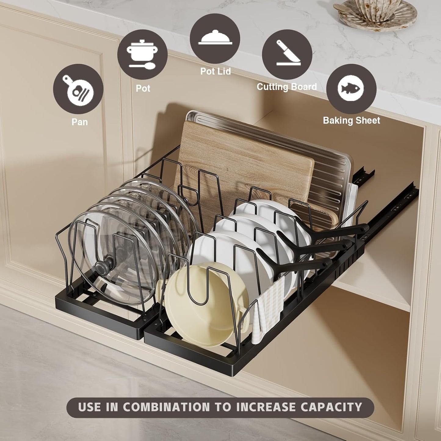 Magheo Pots and Pans Organizer Under Cabinet, 22" Deep Expandable Pull Out Pot Lid Organizer and Storage with 10 Adjustable Dividers No Drill Pot and Pan Holder Rack with Handle Bracket(1 Pack,Black)