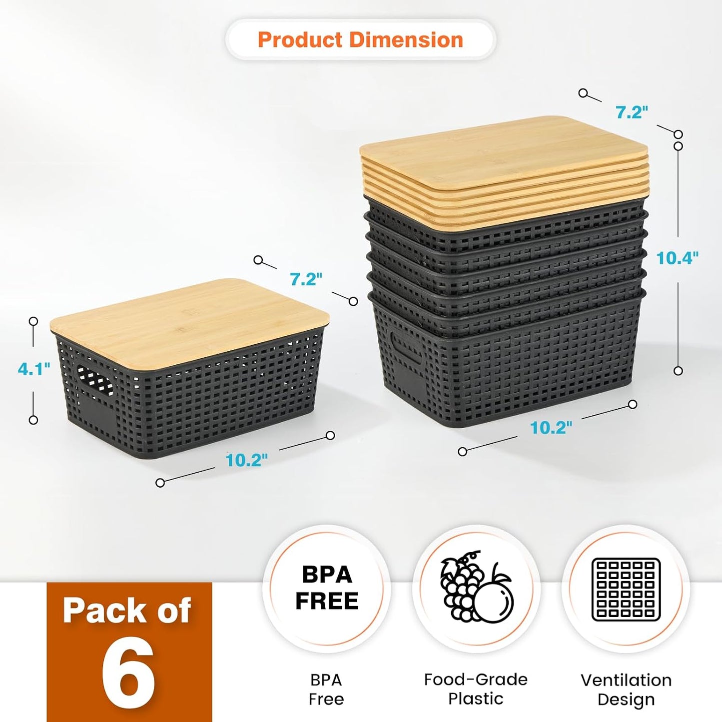 Ohmlove 6 Pack Plastic Storage Baskets with Bamboo Lids for Organization | Stackable Storage bins, Storages Baskets for Organizing Shelves Drawers Desktop Closet Playroom Classroom Office,Black