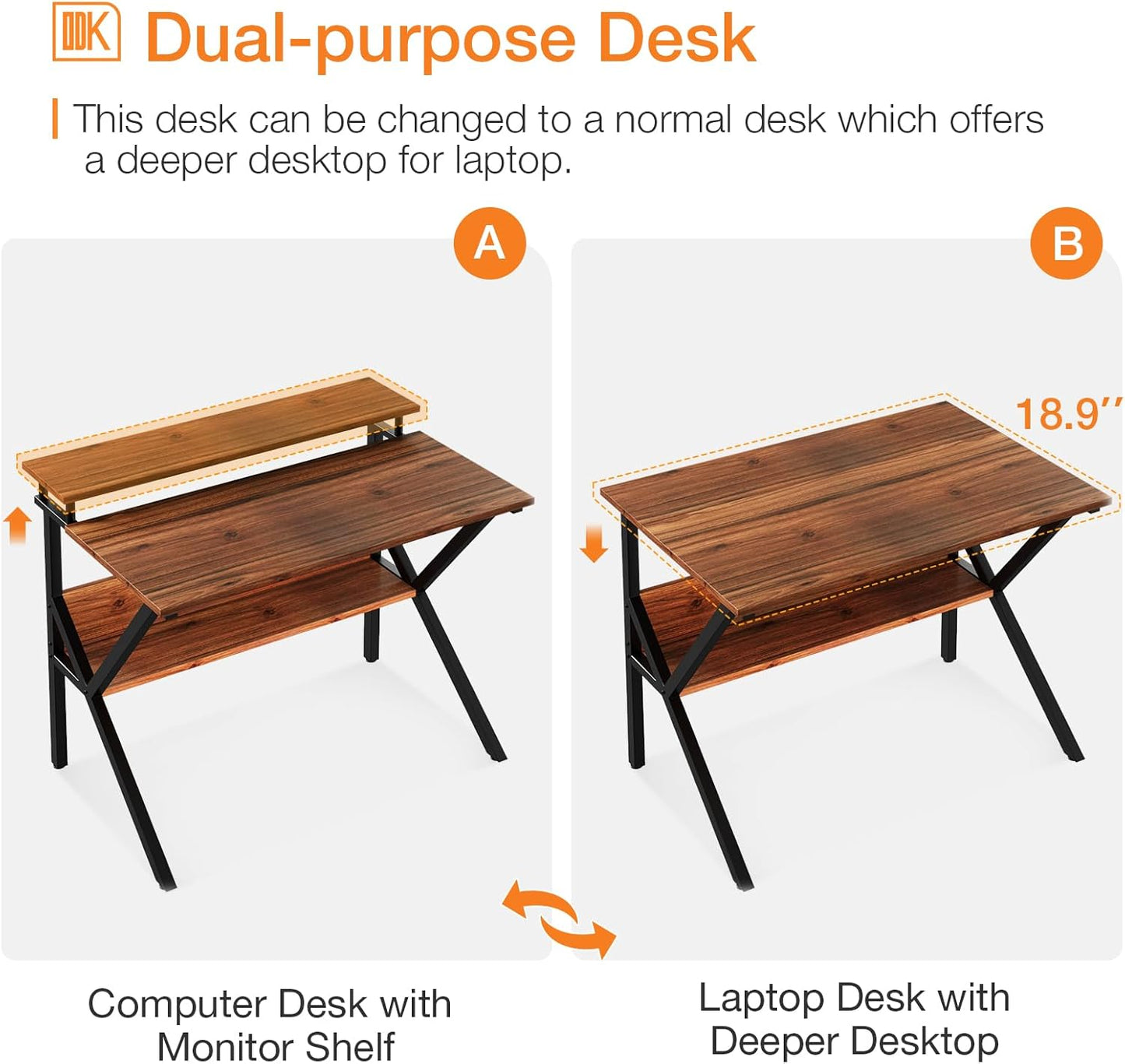 ODK Small Desk, 27.5 Inch Computer Desk for Small Spaces, Study Desk with Storage & Monitor Stand, Deep Brown