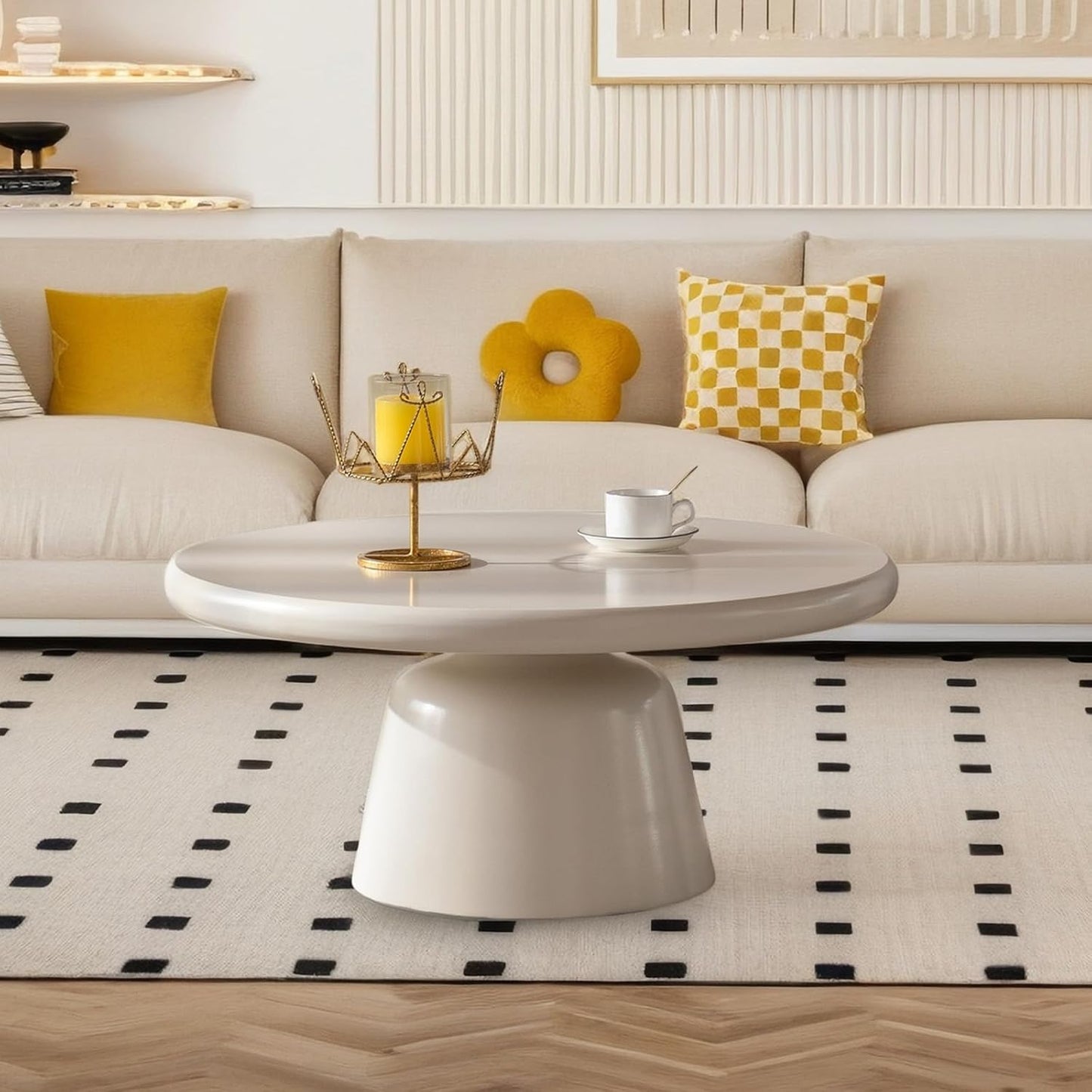 White Round Coffee Table (G White 31.5in) | Modern Unique Coffee Table for Living Room，Round Pedestal Center Table for Farmhouse